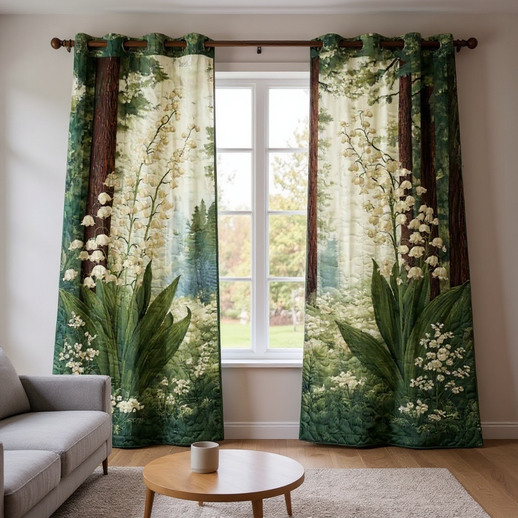 Forest Lily of the Valley & Pine Trees Embroidered Knitwear Quilted Curtains