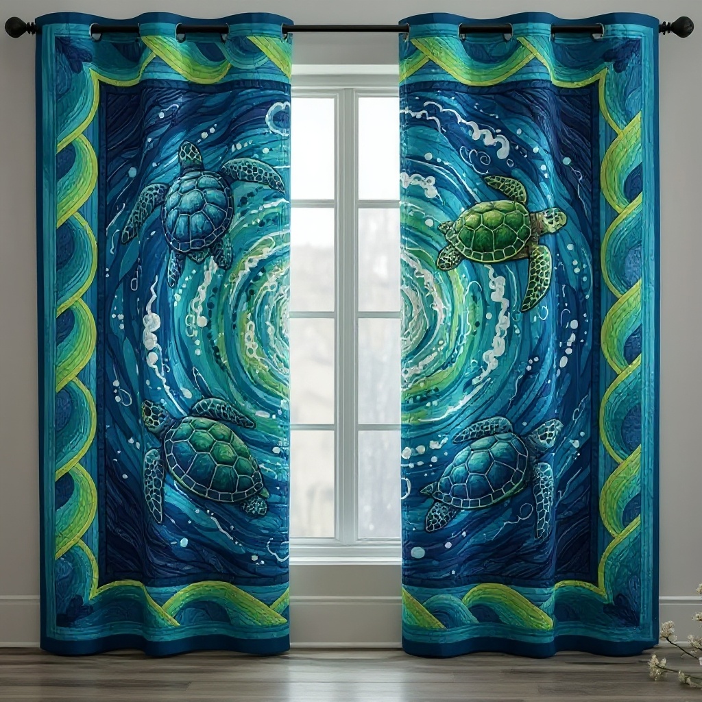 Ocean Waves & Sea Turtles Embroidered Knitwear Quilted Curtains