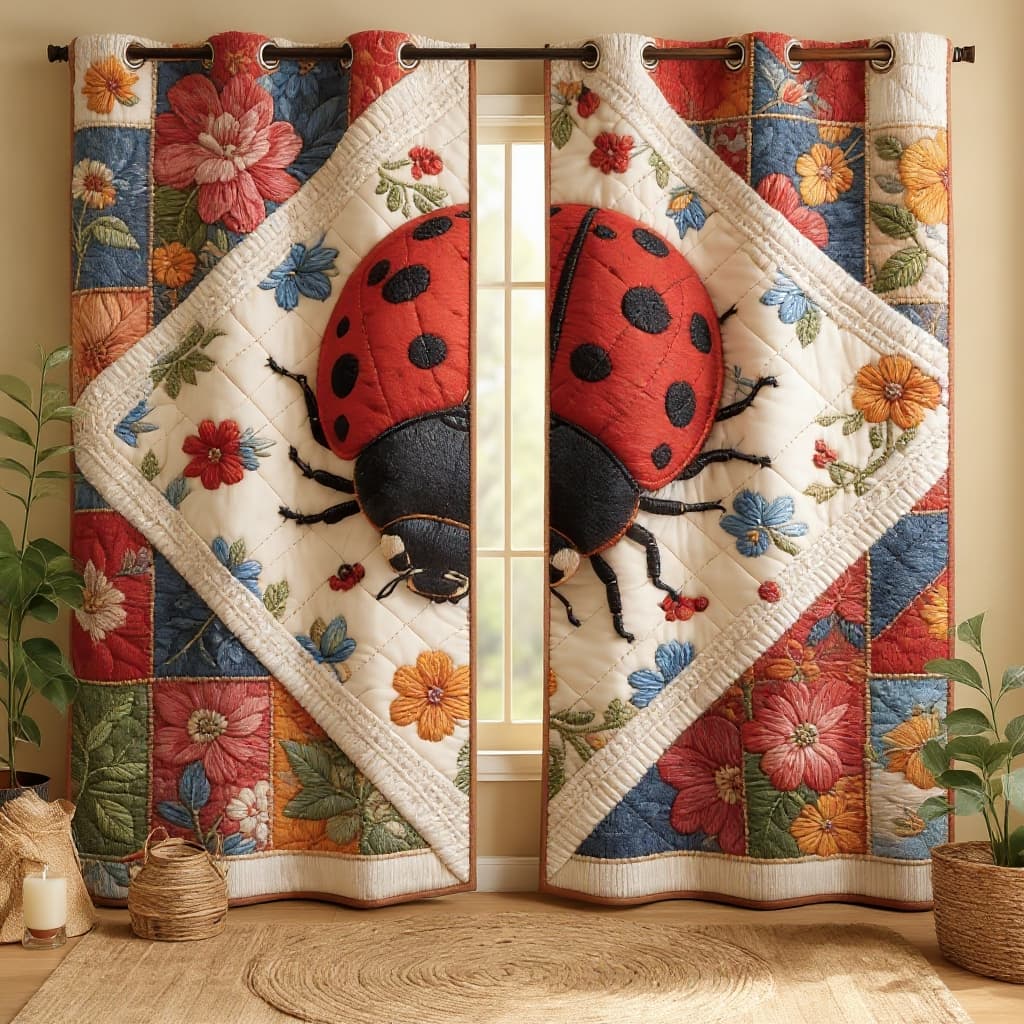 Patchwork Ladybug & Floral Embroidered Knitwear Quilted Curtains