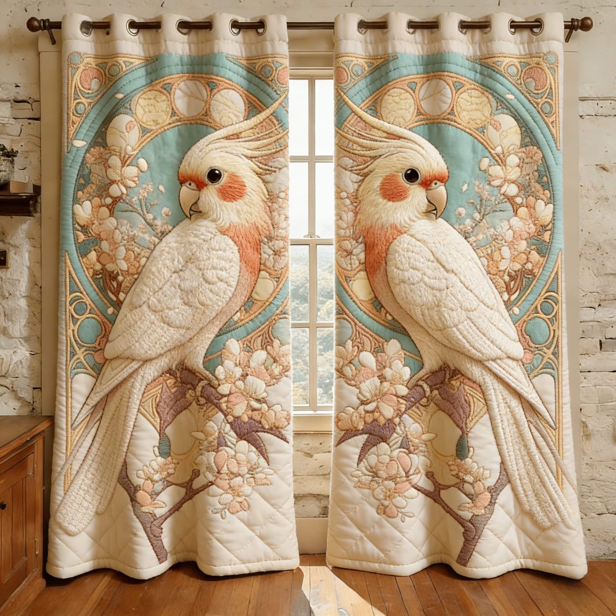 Vintage Style Cockatoo & Floral Branch Embroidered Knitwear Quilted Curtains