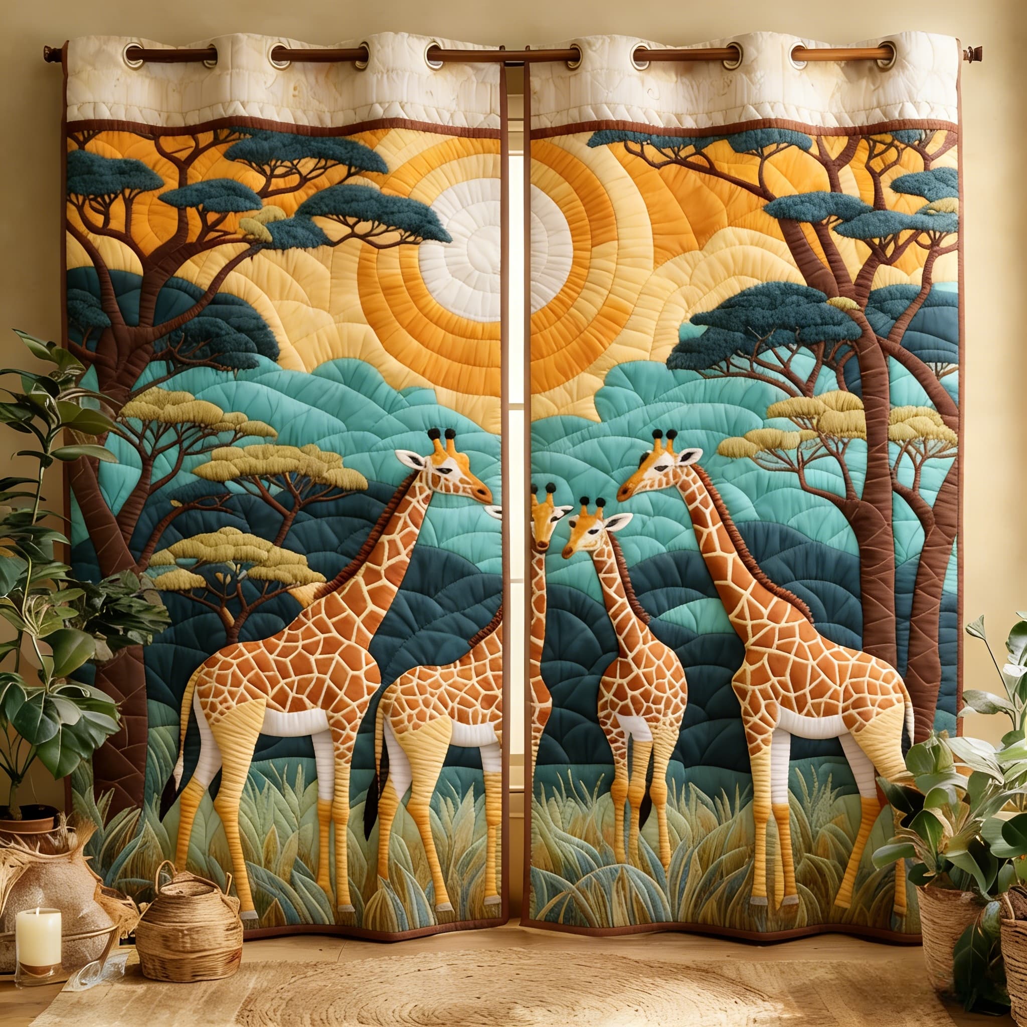 African Safari Giraffe & Sunset Landscape Embroidered Knitwear Quilted Curtains