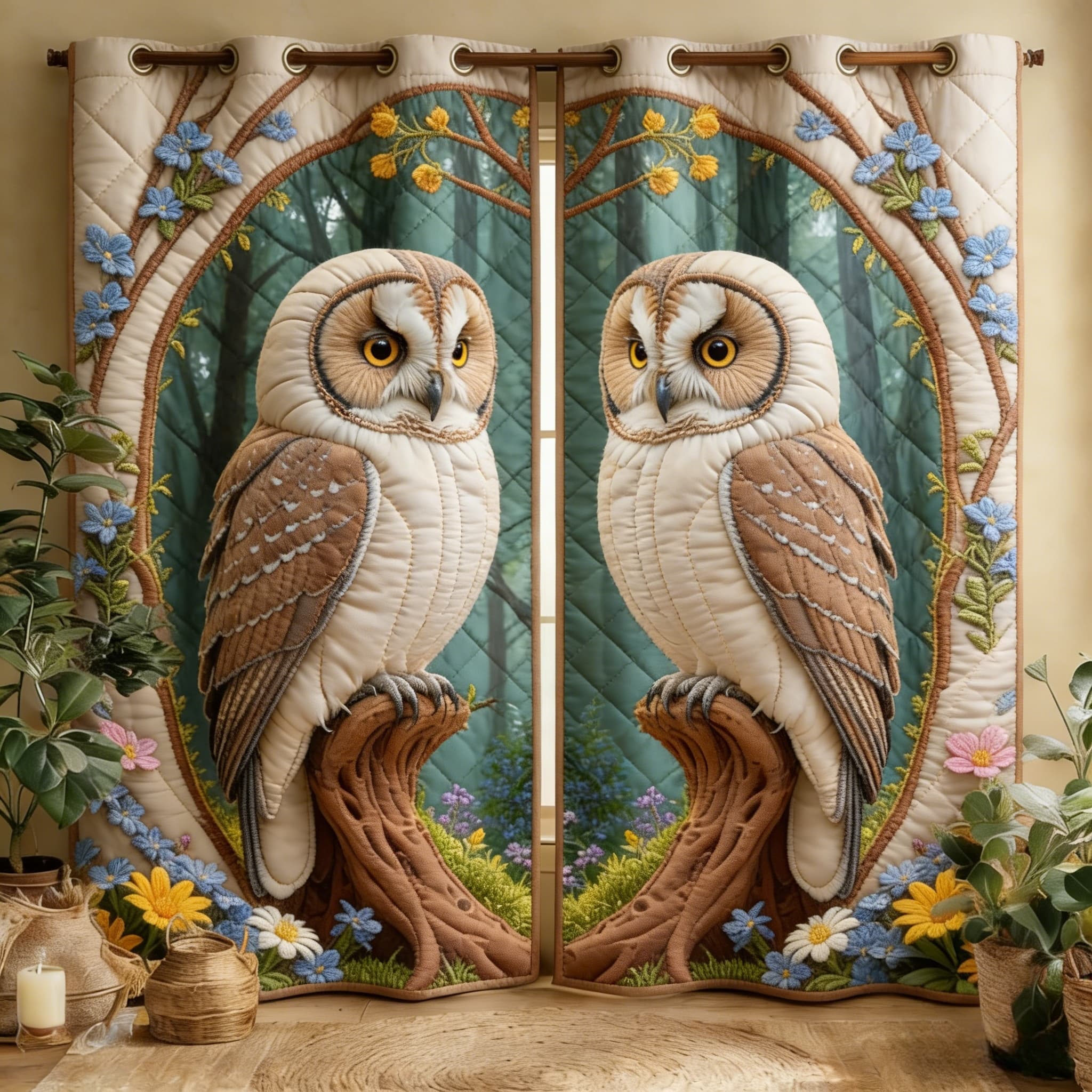 Woodland Owl & Wildflower Embroidered Knitwear Quilted Curtains