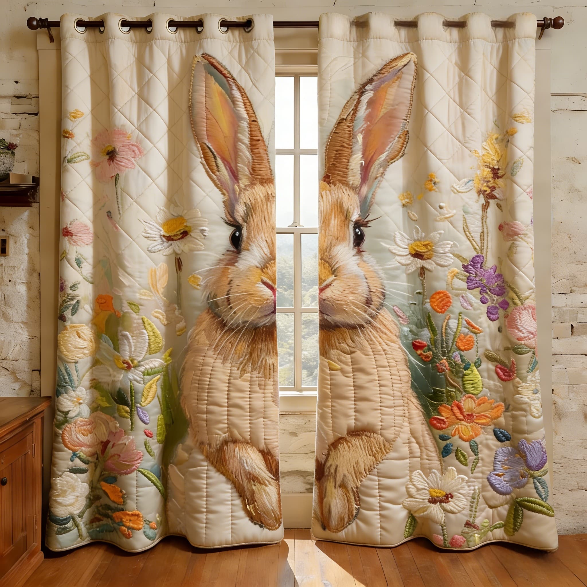 Floral Meadow Bunny Portrait Embroidered Knitwear Quilted Curtains