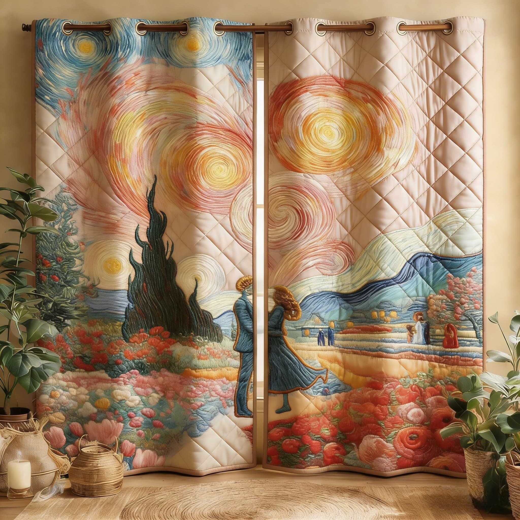 Starry Night Style Landscape Embroidered Knitwear Quilted Curtains