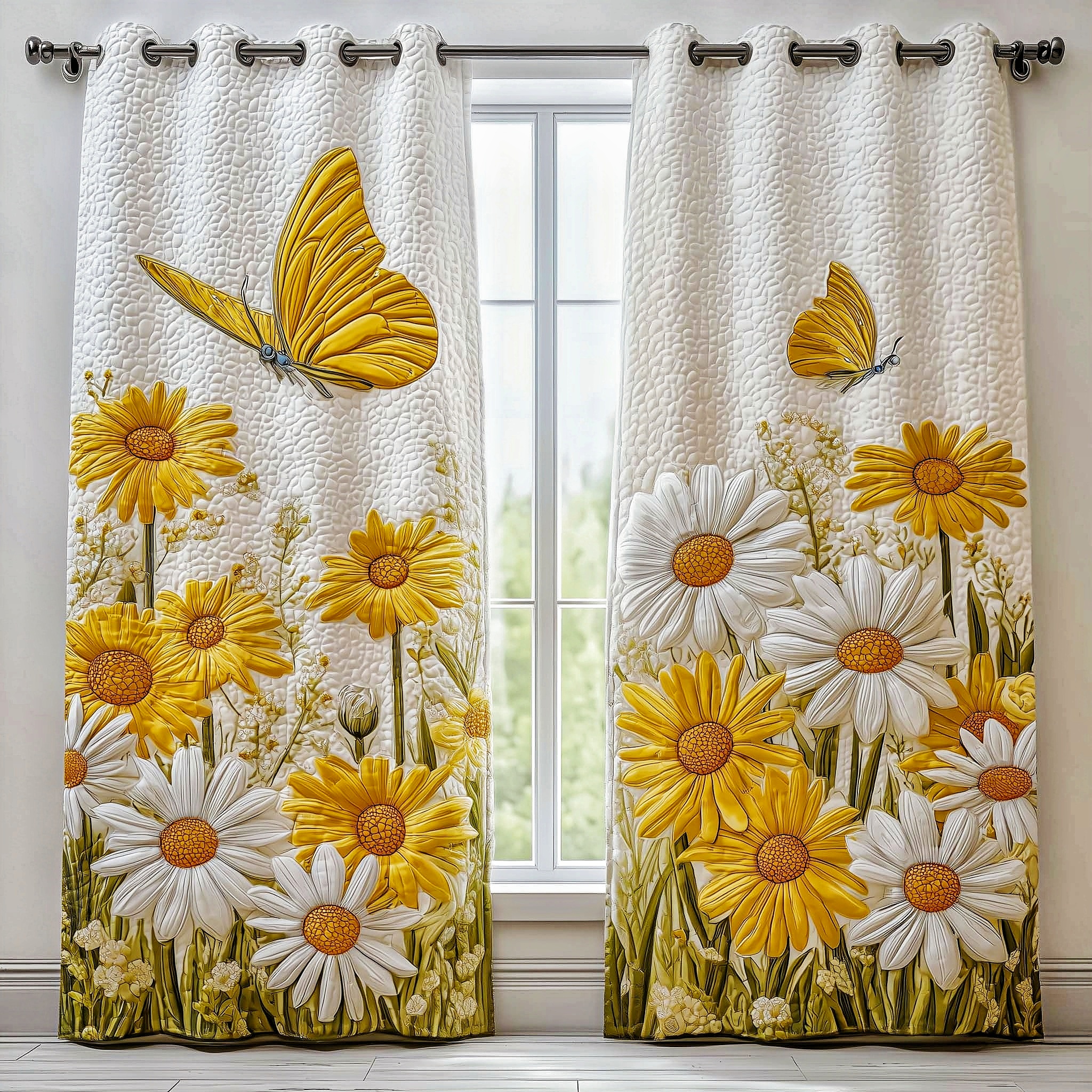 Yellow Butterfly & Daisy Meadow Embroidered Knitwear Quilted Curtains