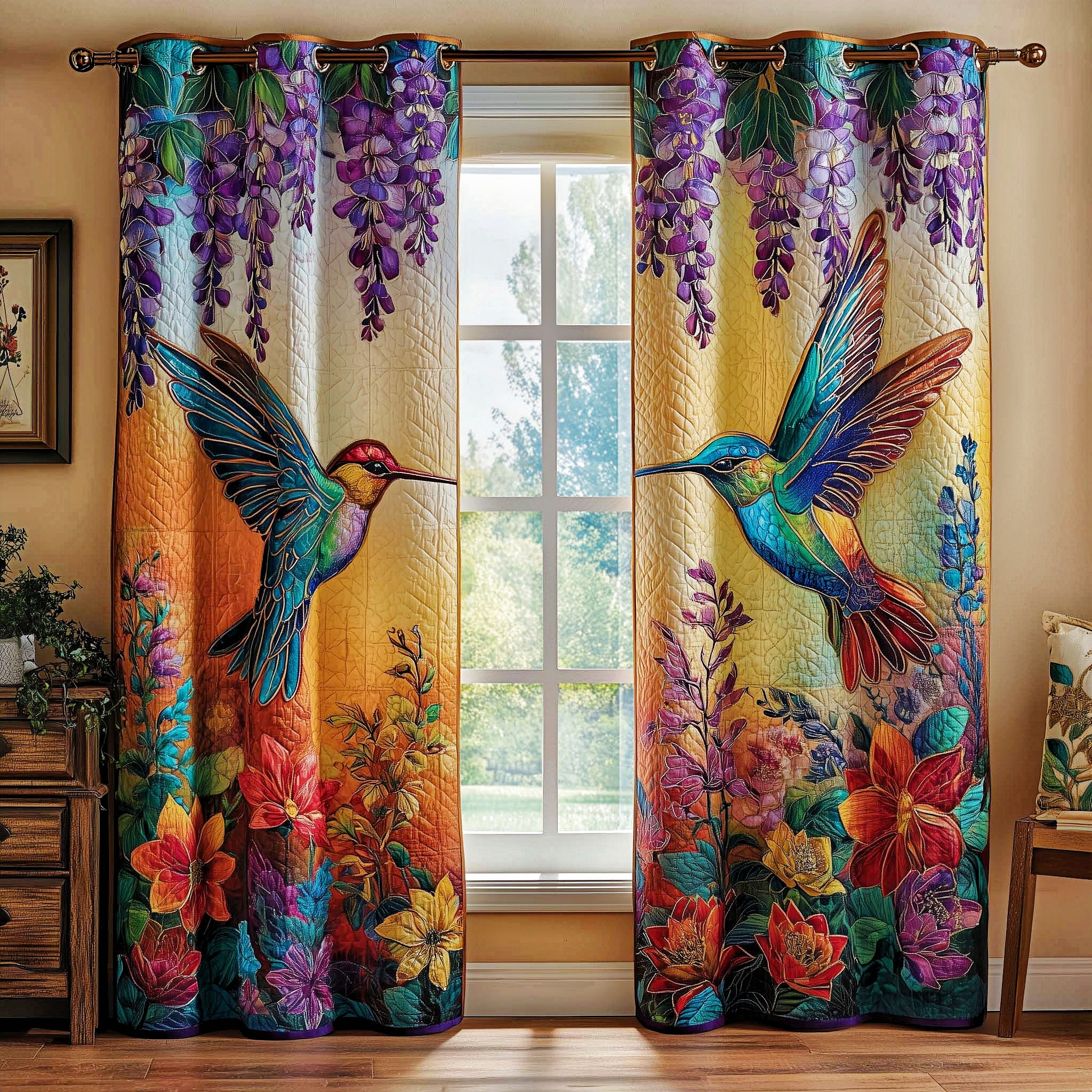 Hummingbird & Wisteria Bloom Embroidered Knitwear Quilted Curtains