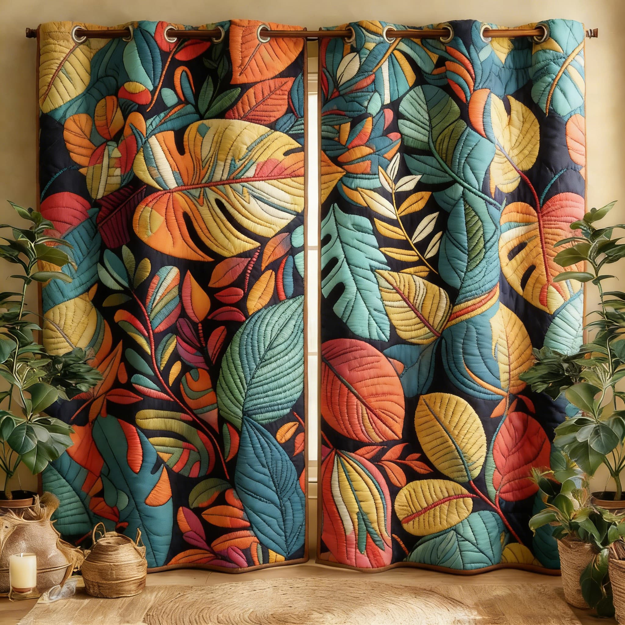 Tropical Monstera Leaf Pattern Embroidered Knitwear Quilted Curtains