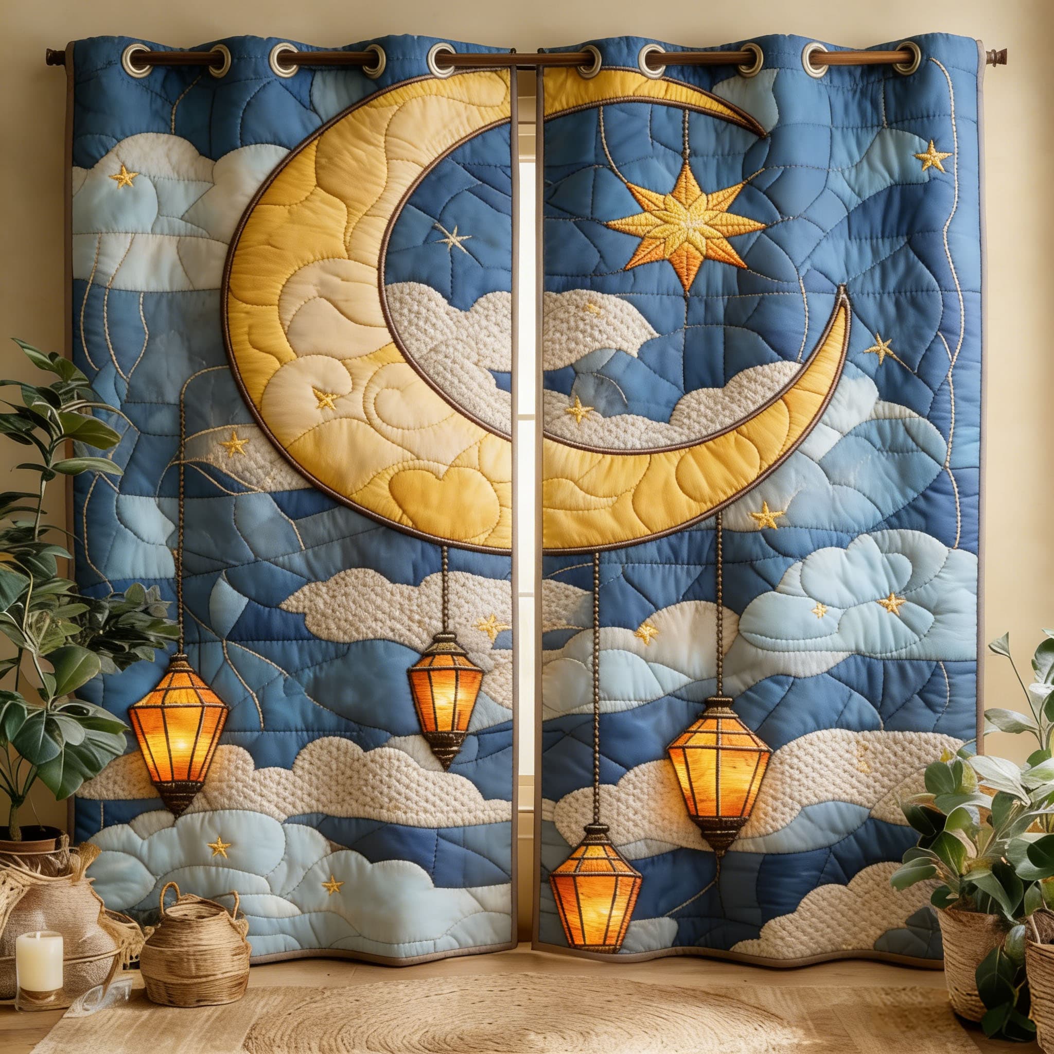 Celestial Moon & Glowing Lanterns Embroidered Knitwear Quilted Curtains