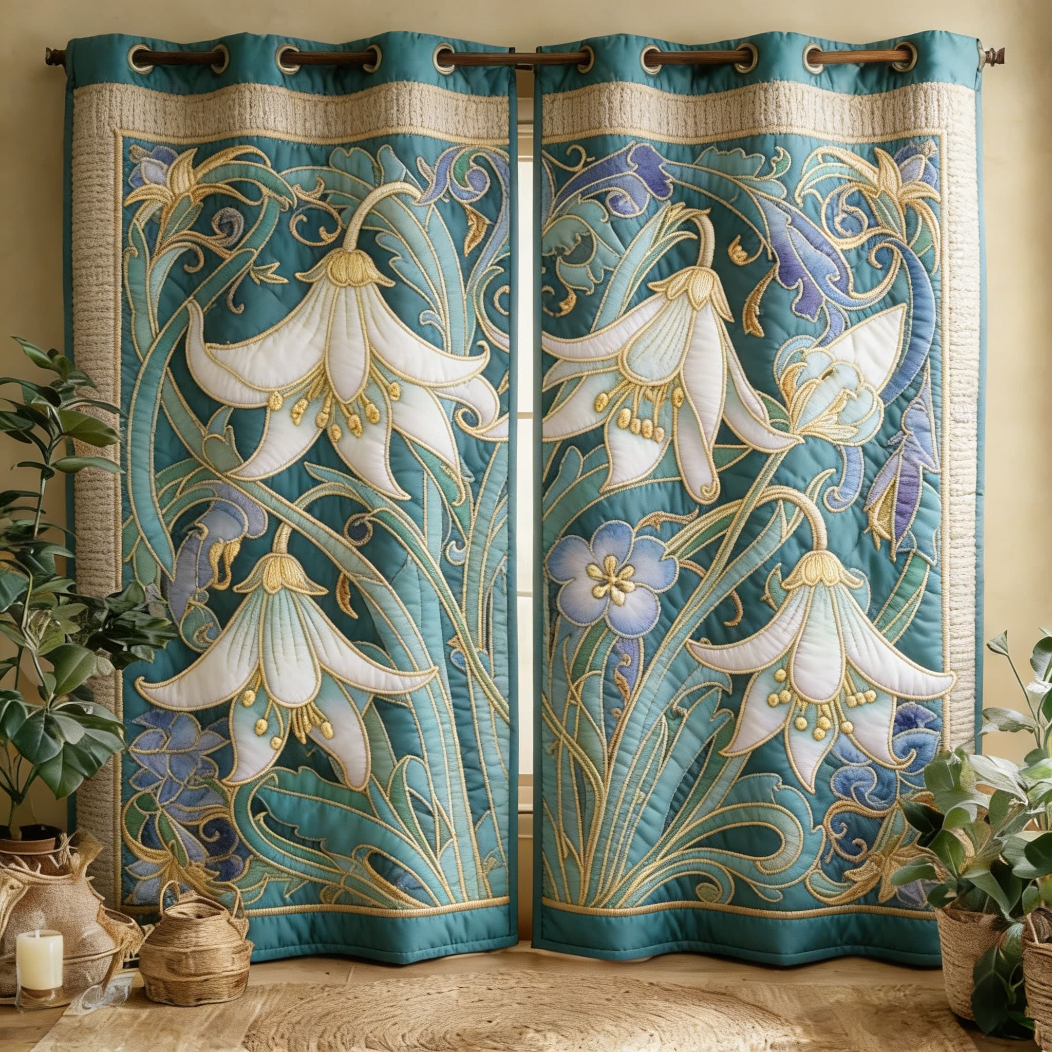 Art Nouveau Lily & Gold Scrollwork Embroidered Knitwear Quilted Curtains