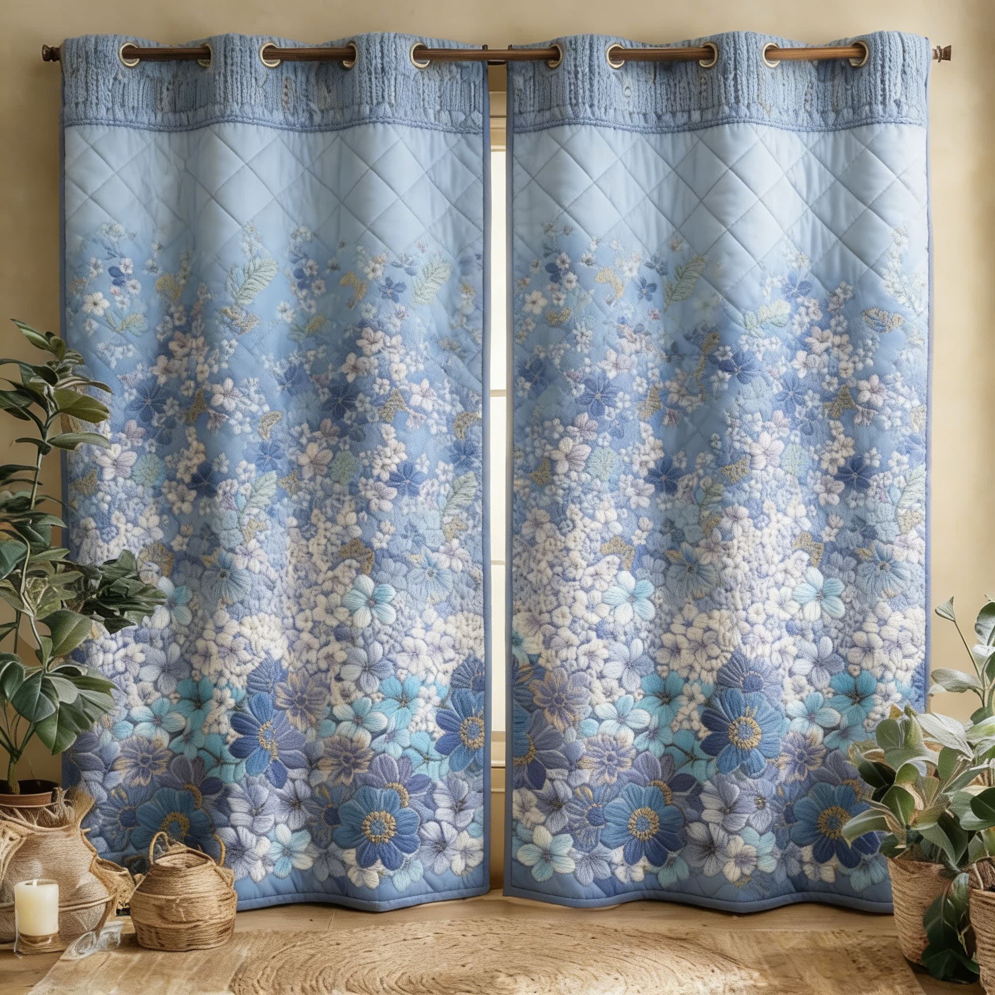 Soft Blue Floral Gradient Embroidered Knitwear Quilted Curtains