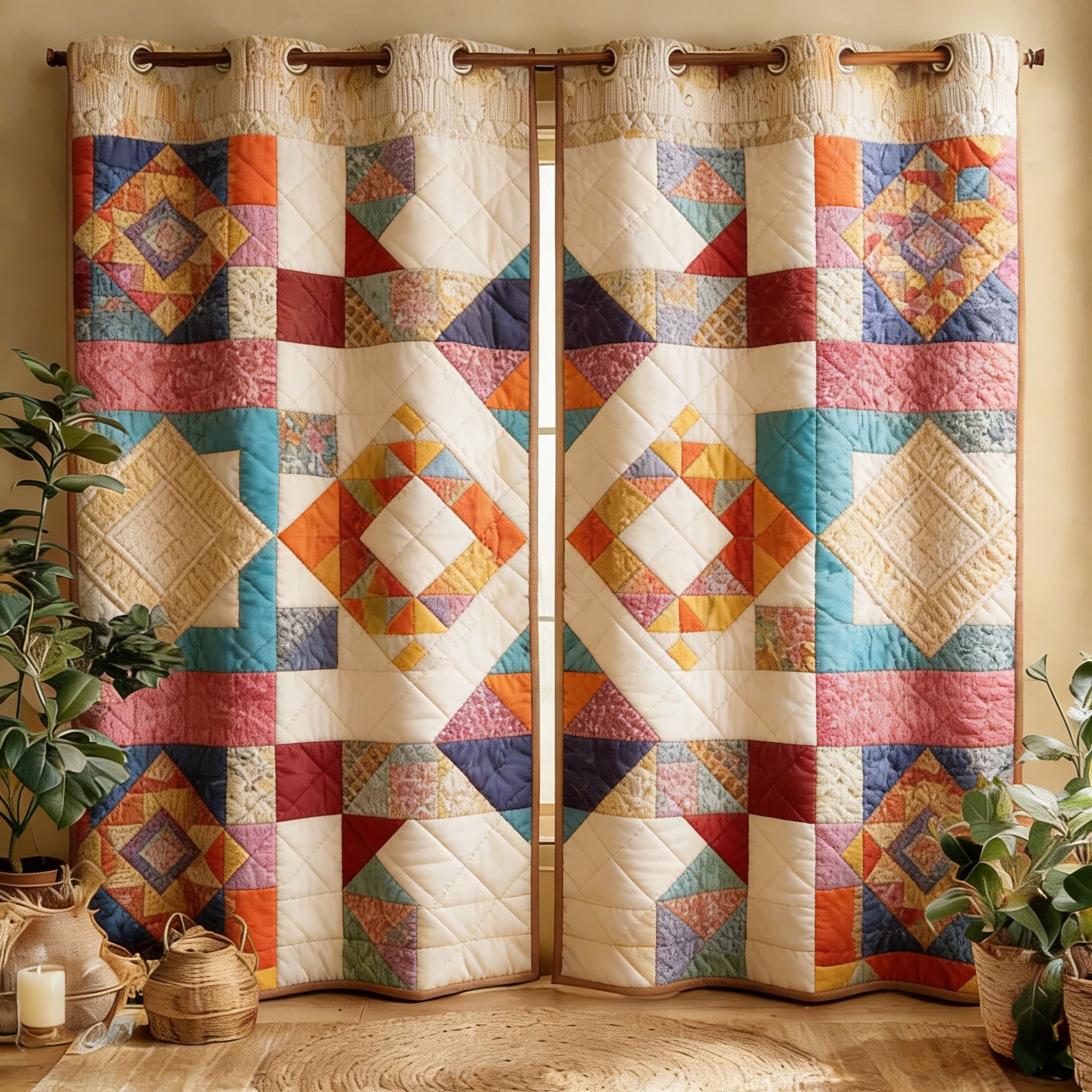 Vintage Patchwork Geometric Pattern Embroidered Knitwear Quilted Curtains