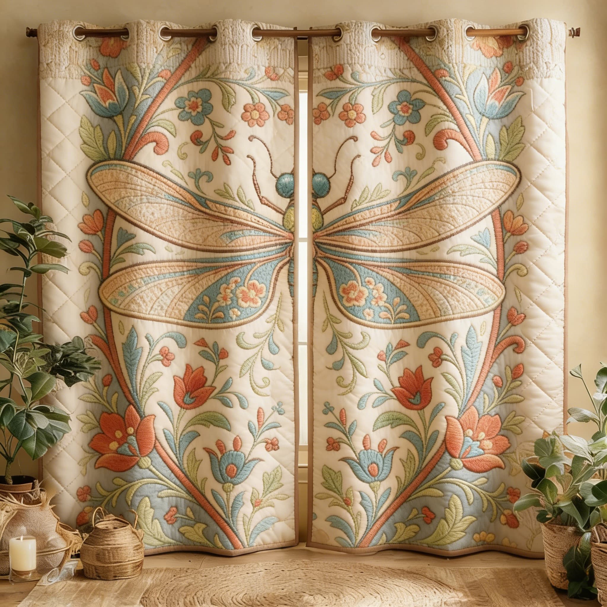 Vintage Dragonfly & Floral Vines Embroidered Knitwear Quilted Curtains