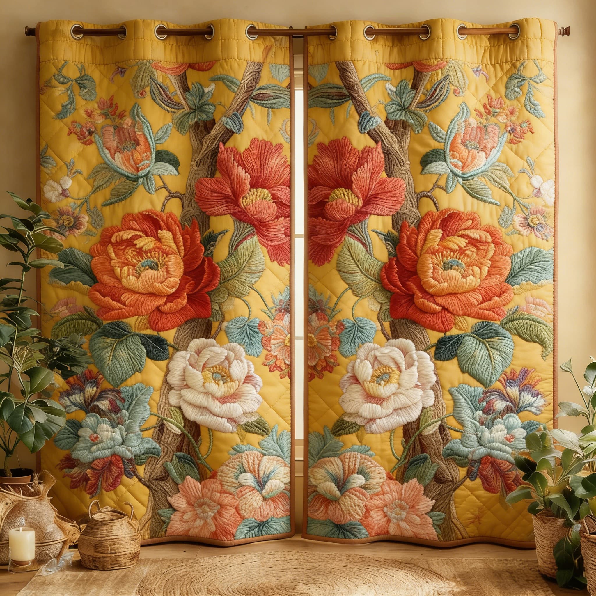 Luxury Yellow Background Peony Bouquet Embroidered Knitwear Quilted Curtains