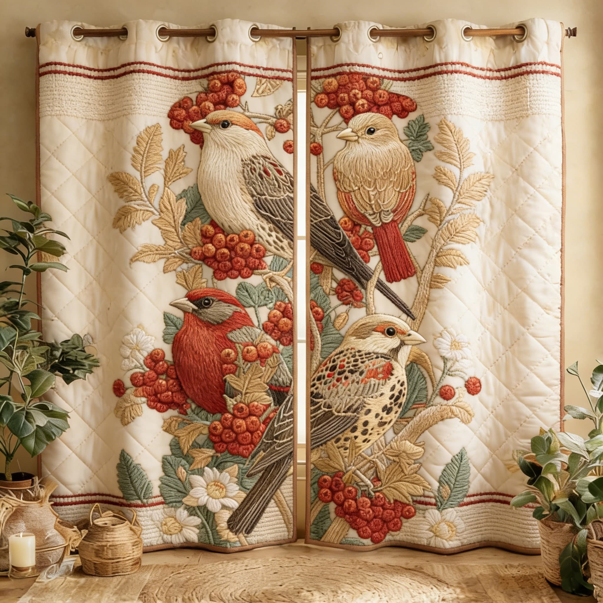 Winter Birds & Rowan Berry Branch Embroidered Knitwear Quilted Curtains