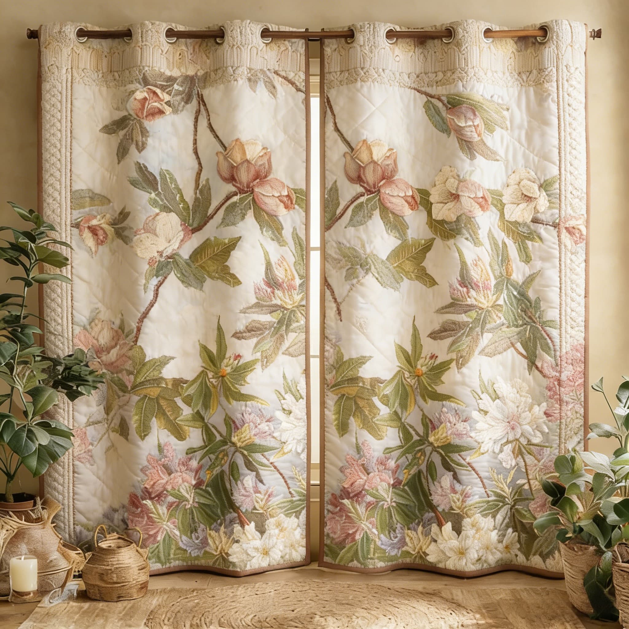 Vintage Magnolia & Floral Garden Embroidered Knitwear Quilted Curtains