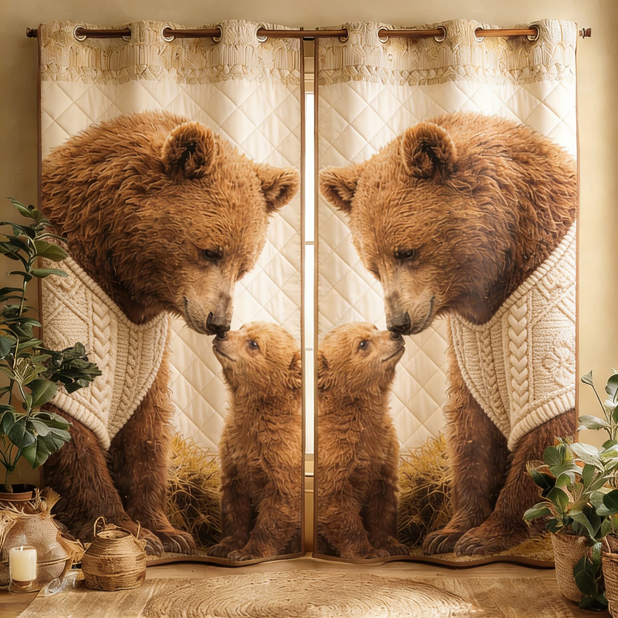 Cozy Bear Family in Sweaters Embroidered Knitwear Quilted Curtains