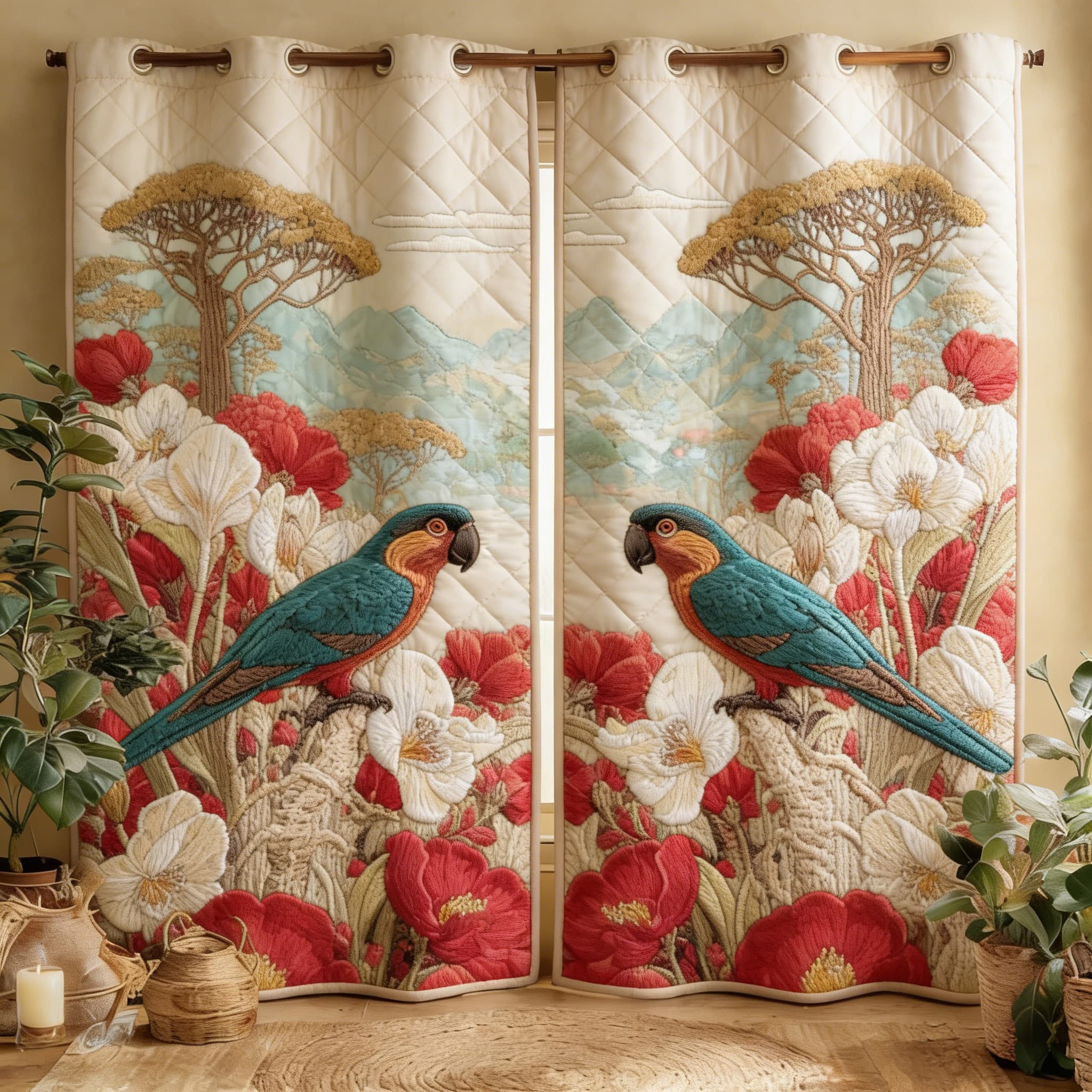 Tropical Parrot & African Landscape Embroidered Knitwear Quilted Curtains