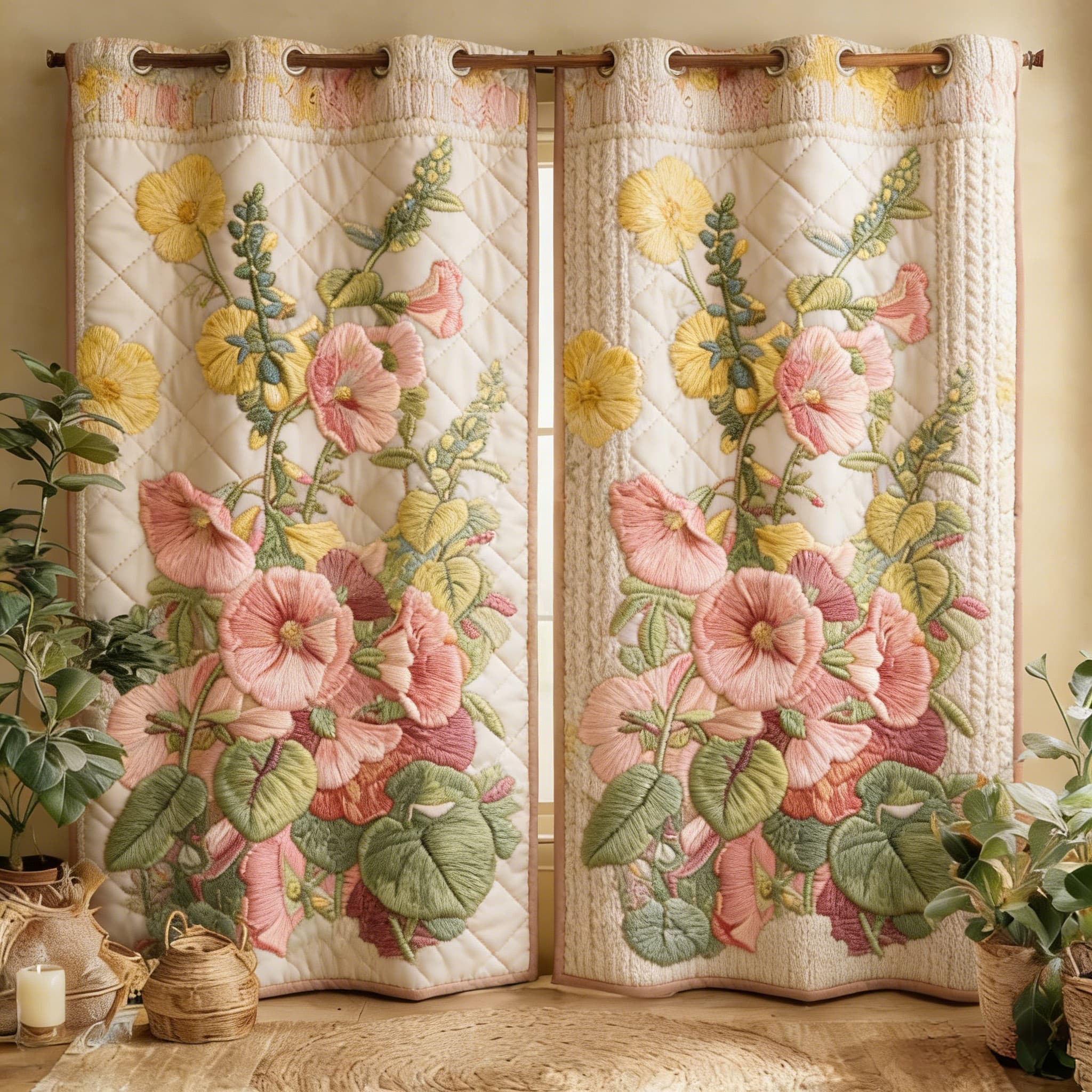 Pastel Pink Hollyhock Garden Embroidered Knitwear Quilted Curtains