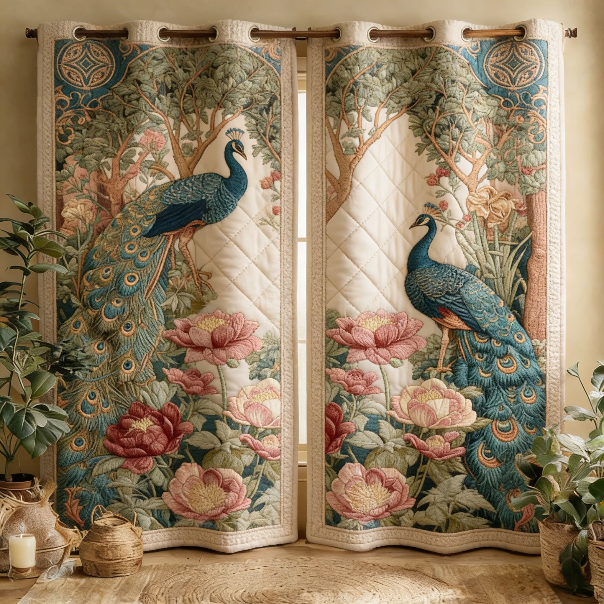 Elegant Peacocks & Peony Garden Embroidered Knitwear Quilted Curtains
