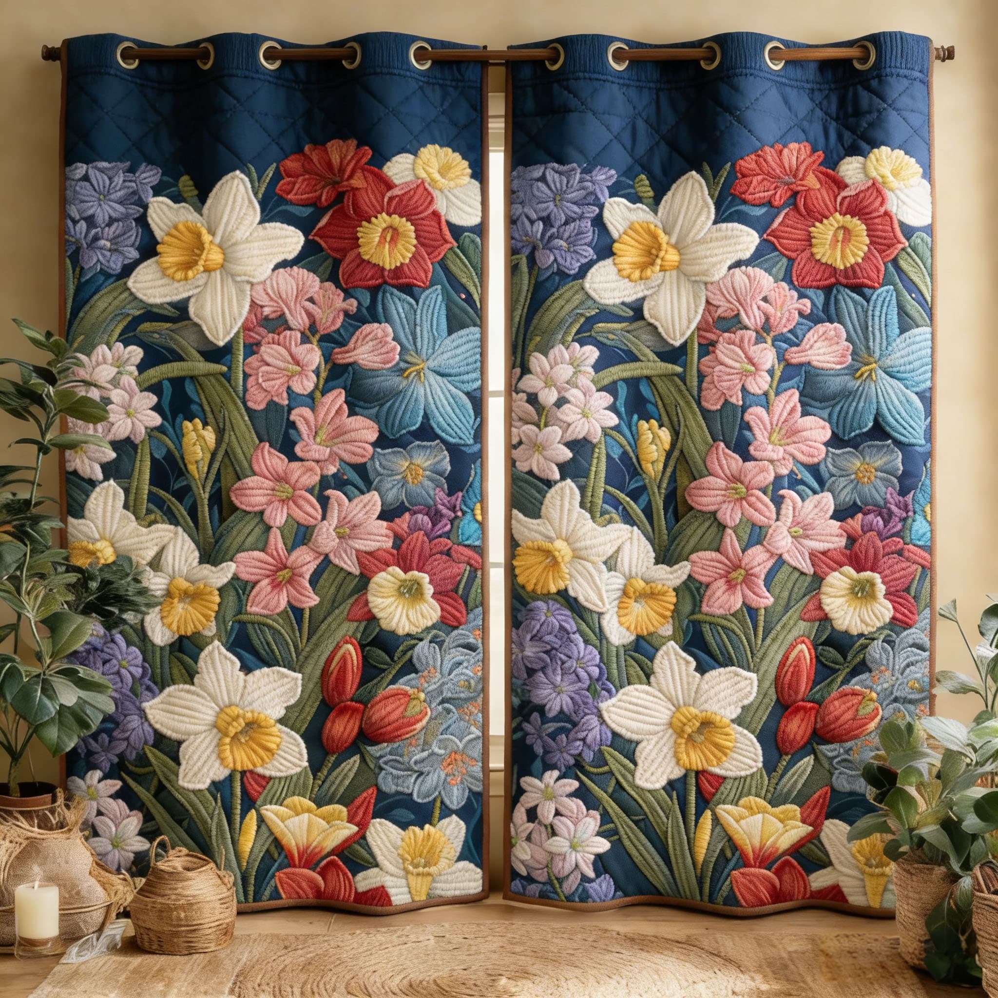 Vibrant Spring Flower Mix on Navy Background Embroidered Knitwear Quilted Curtains