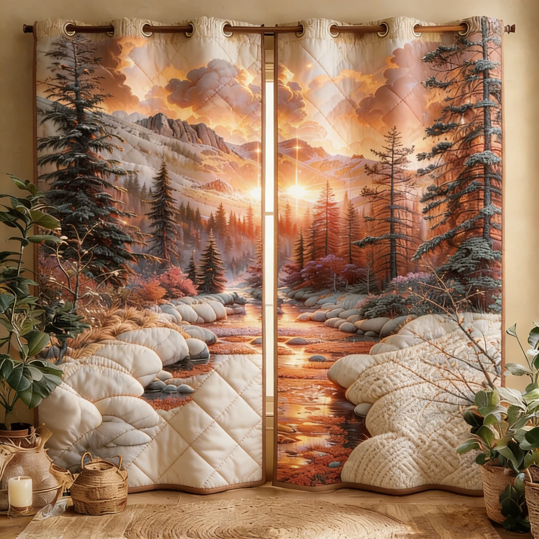 Sunset Mountain & Snowy Pine Forest Stream Embroidered Knitwear Quilted Curtains