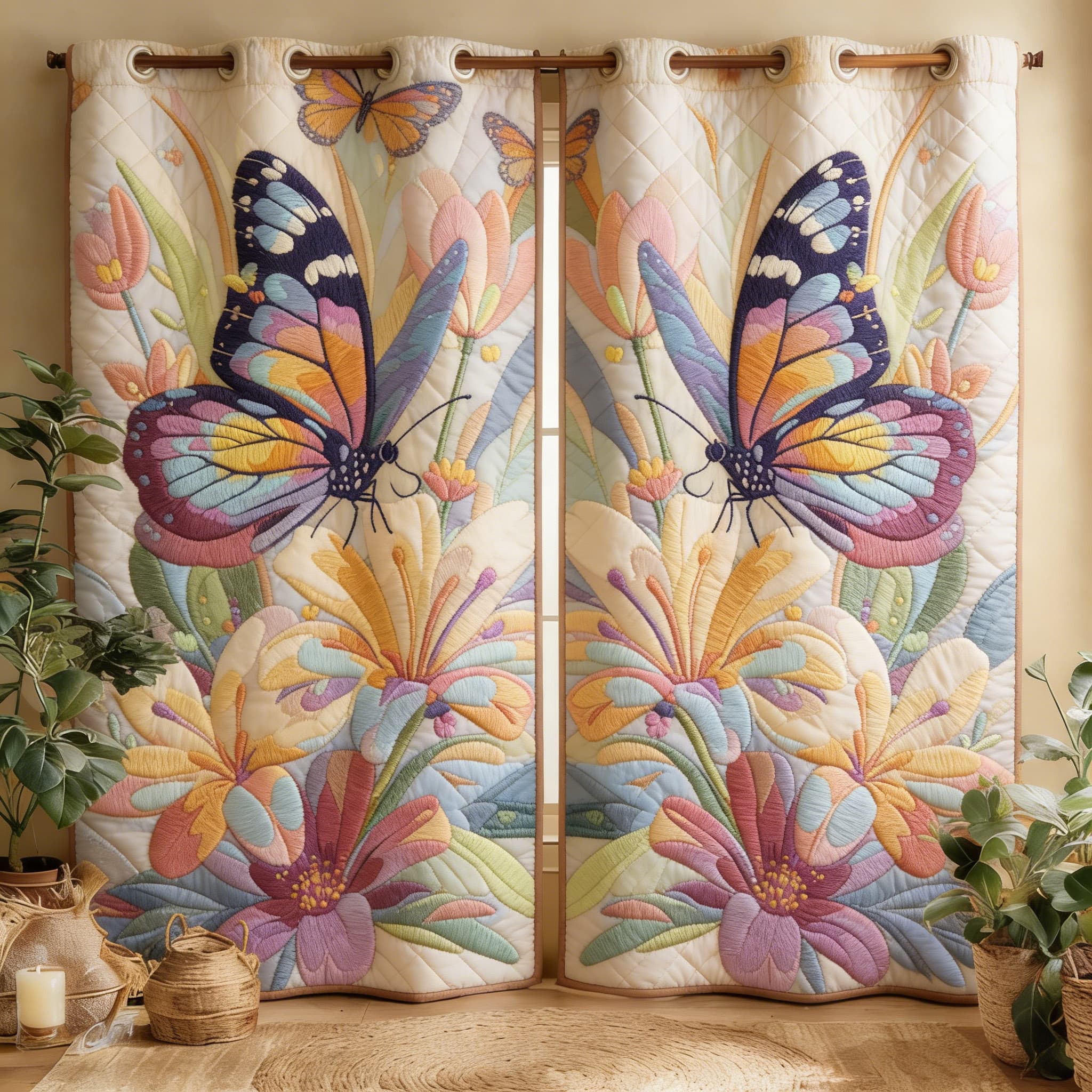 Giant Colorful Butterfly & Wildflower Garden Embroidered Knitwear Quilted Curtains