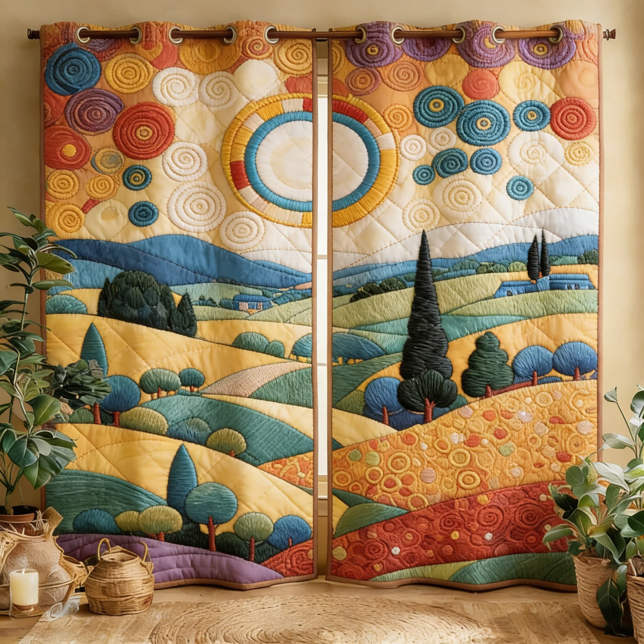 Whimsical Sun & Rolling Hills Landscape Embroidered Knitwear Quilted Curtains
