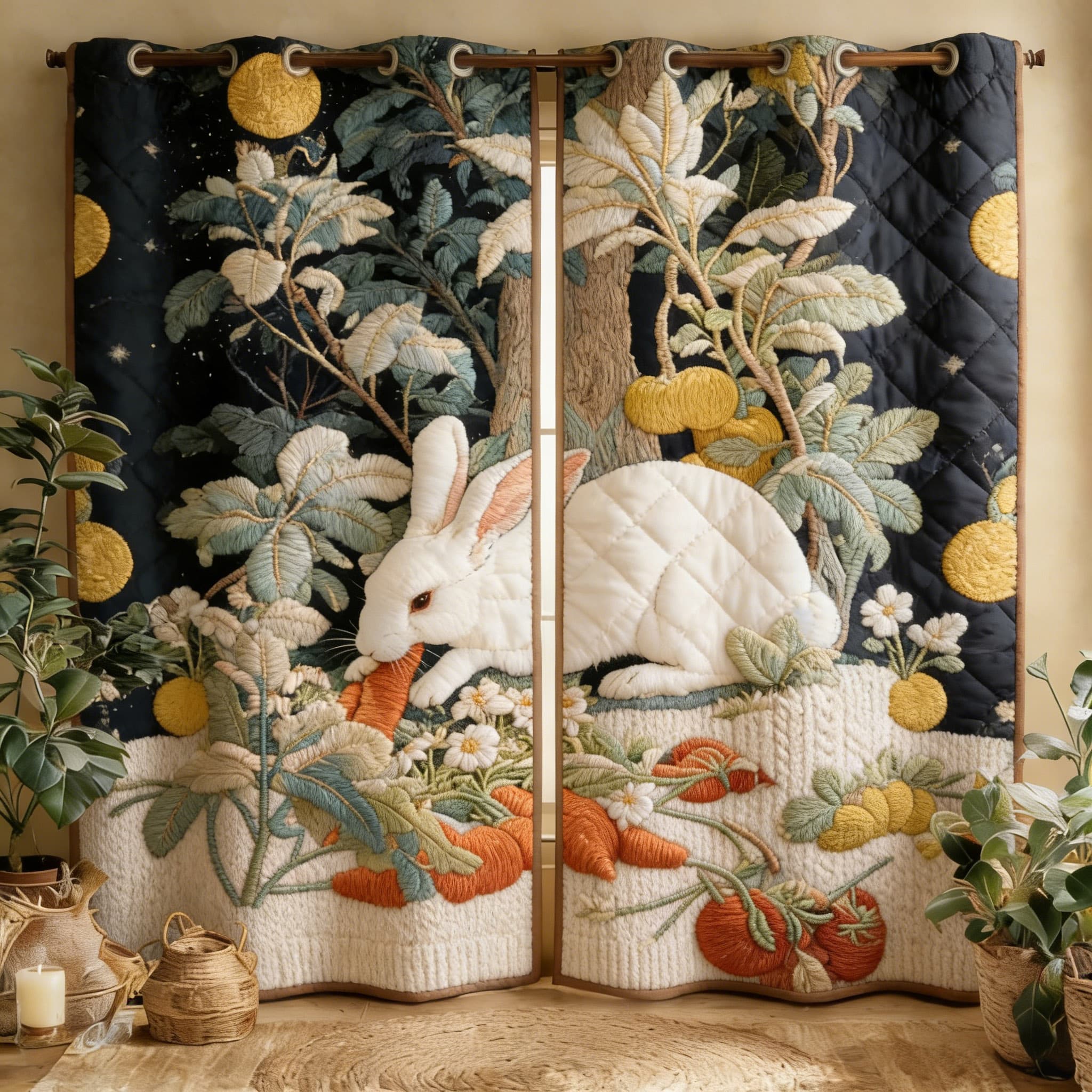 Moonlit Garden White Rabbit & Vegetable Patch Embroidered Knitwear Quilted Curtains