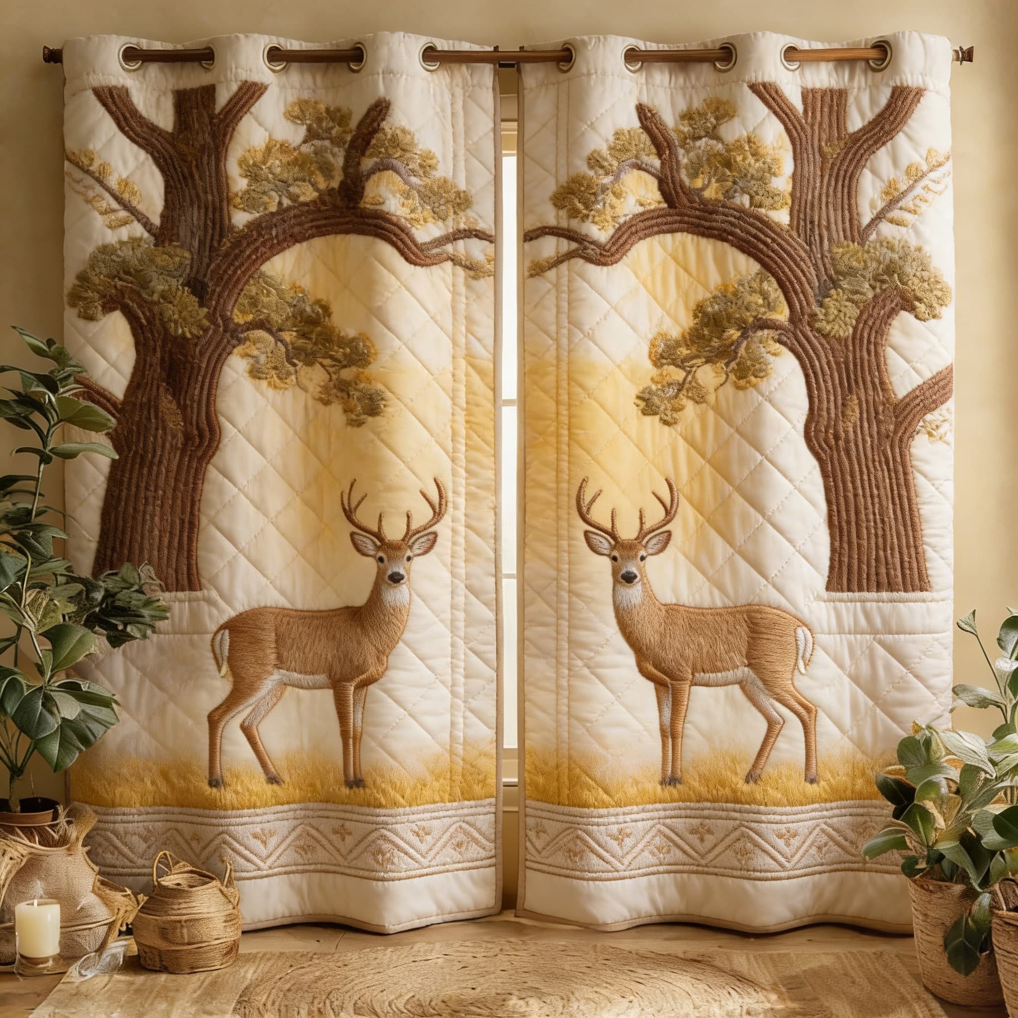 Woodland Stag & Oak Tree Scene Embroidered Knitwear Quilted Curtains