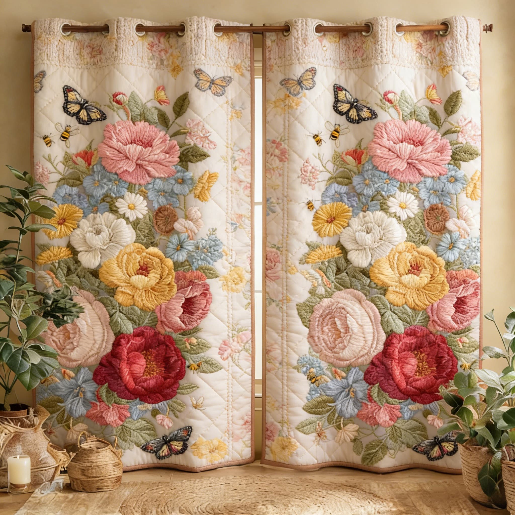 Romantic Mixed Floral Bouquet with Butterflies Embroidered Knitwear Quilted Curtains