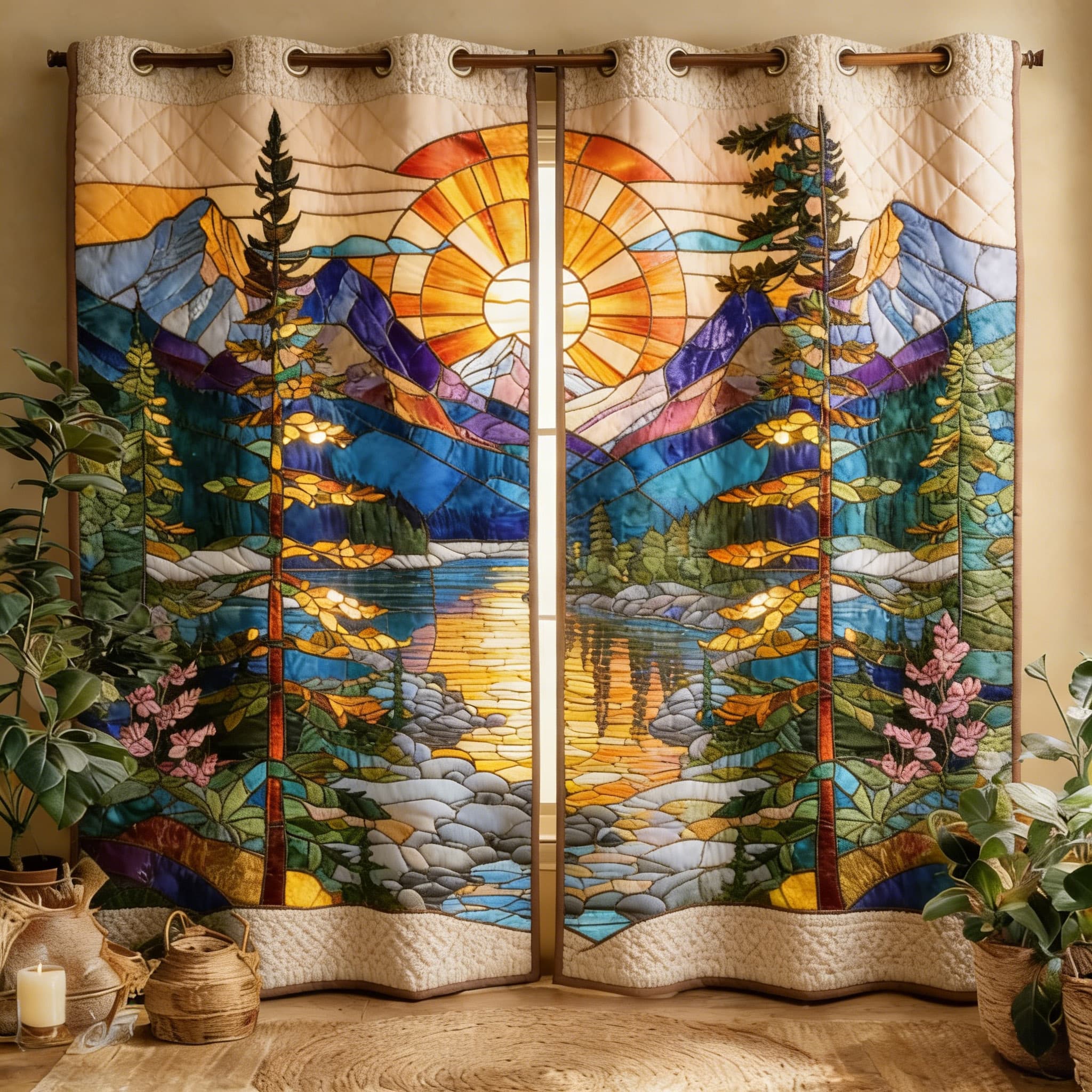 Stained Glass Mountain Sunset Landscape Embroidered Knitwear Quilted Curtains