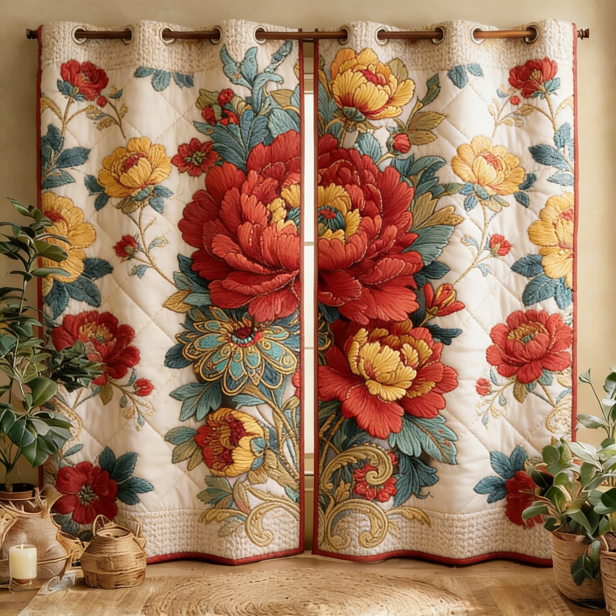 Luxury Red & Yellow Peony Bouquet Embroidered Knitwear Quilted Curtains