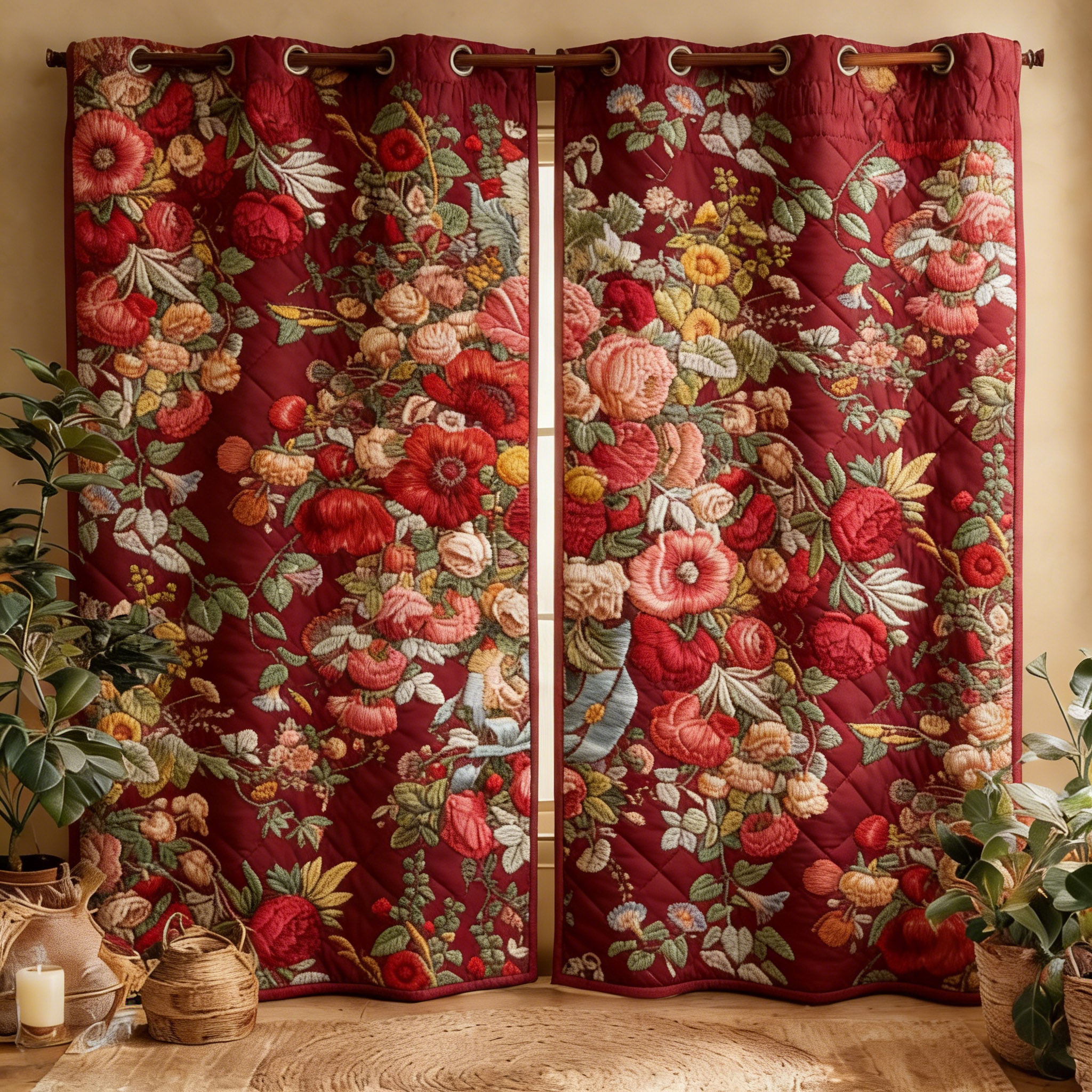 Luxury Red Floral & Berry Branch Embroidered Knitwear Quilted Curtains