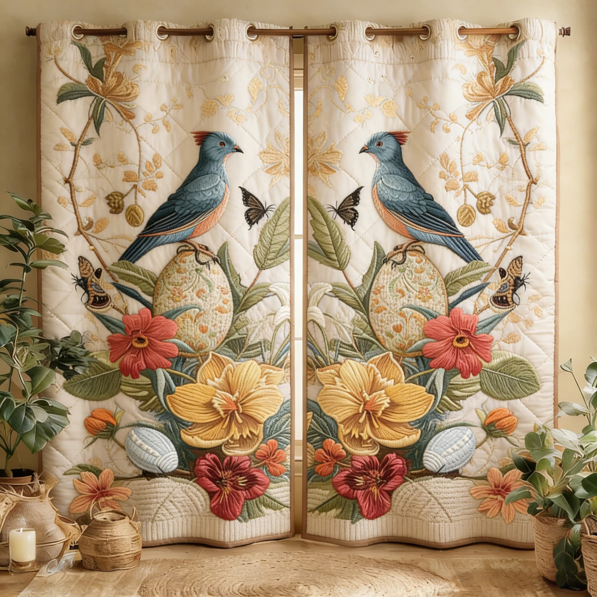 Vintage Blue Birds & Floral Egg Scene Embroidered Knitwear Quilted Curtains