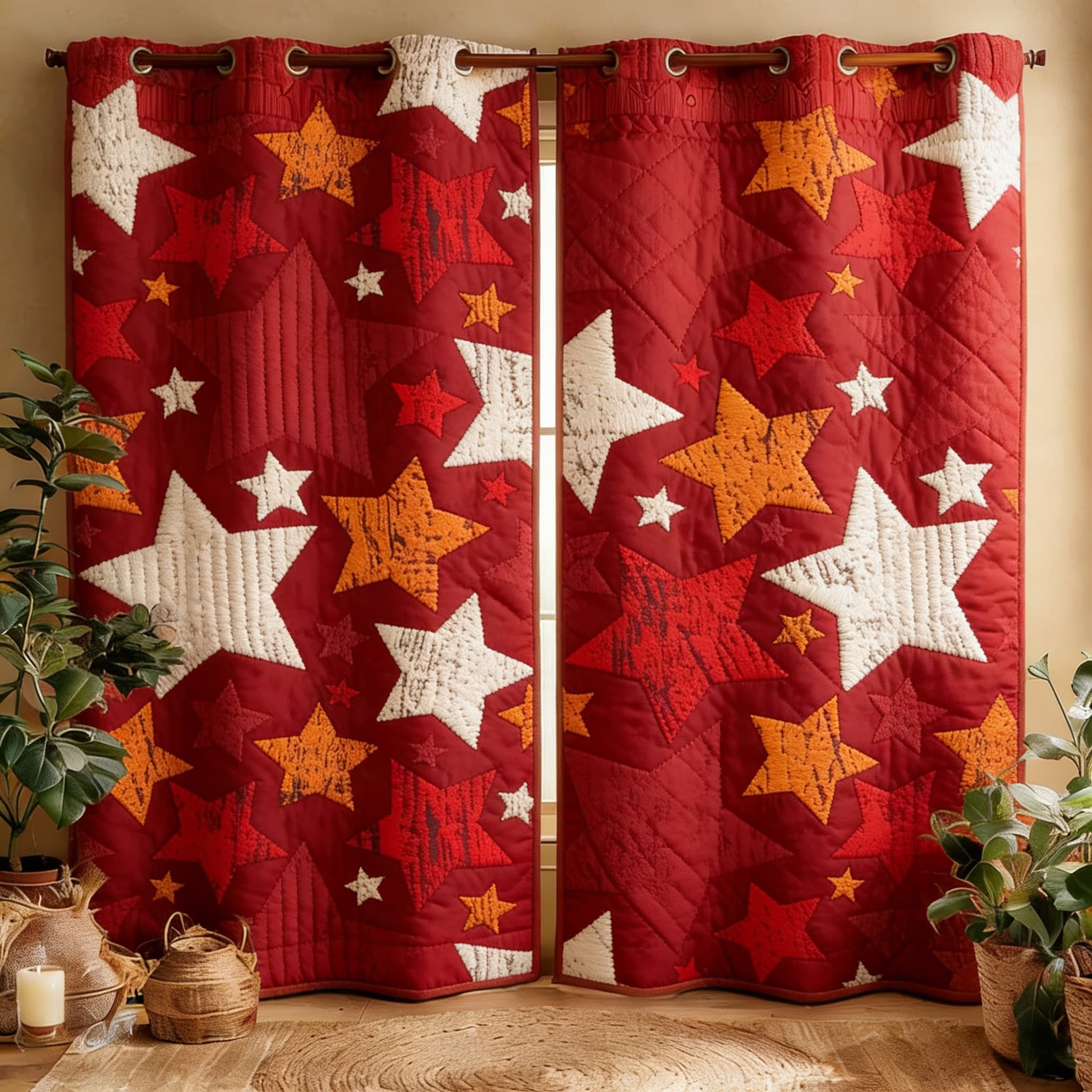 Red & Orange Starry Patchwork Kids Embroidered Knitwear Quilted Curtains