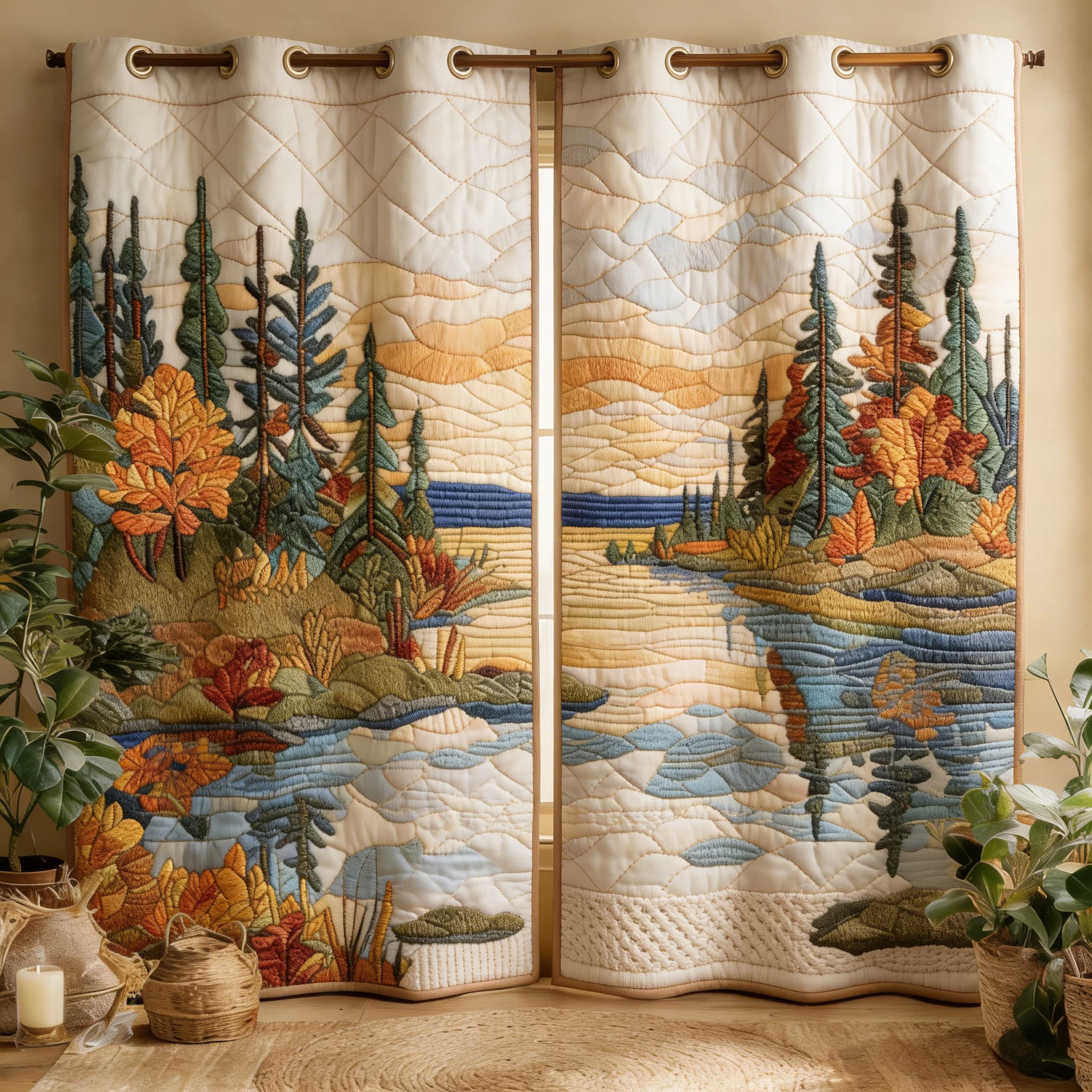Autumn Lake & Pine Forest Landscape Embroidered Knitwear Quilted Curtains