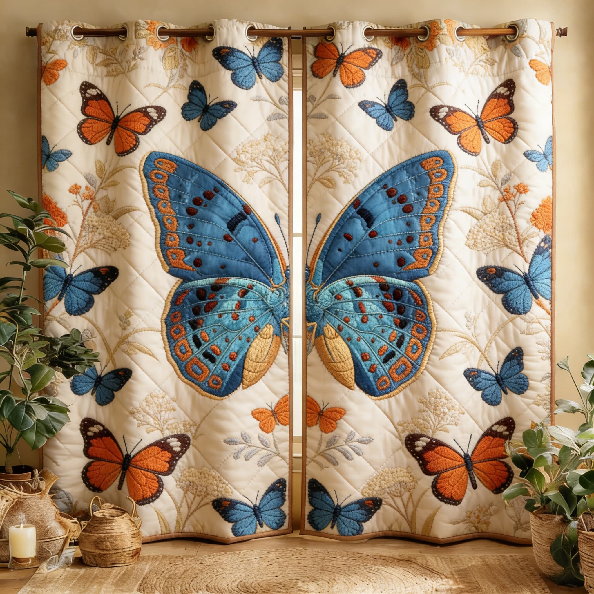 Giant Blue Butterfly & Small Butterfly Cluster Embroidered Knitwear Quilted Curtains