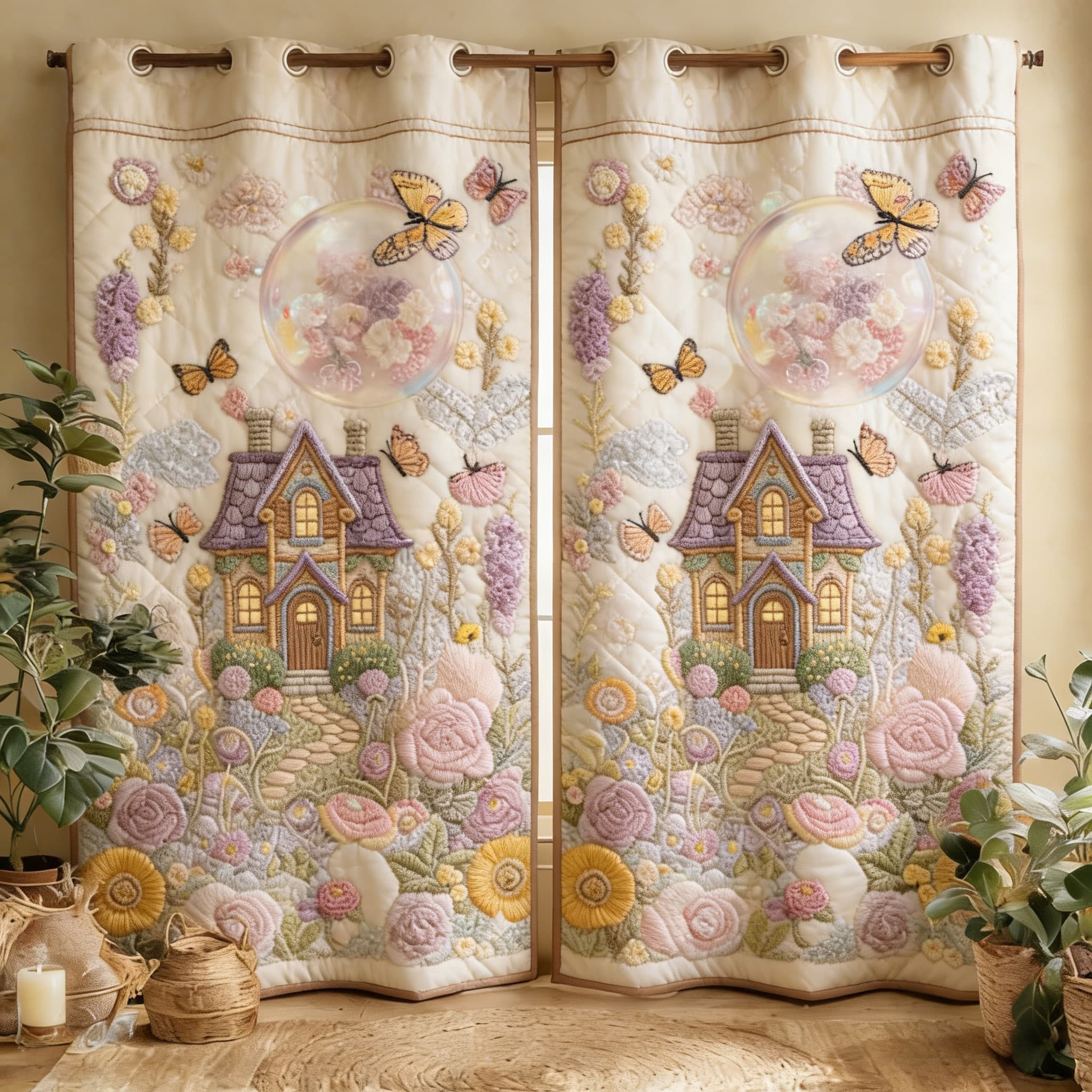 Whimsical Fairy Tale Cottage & Floral Garden Embroidered Knitwear Quilted Curtains