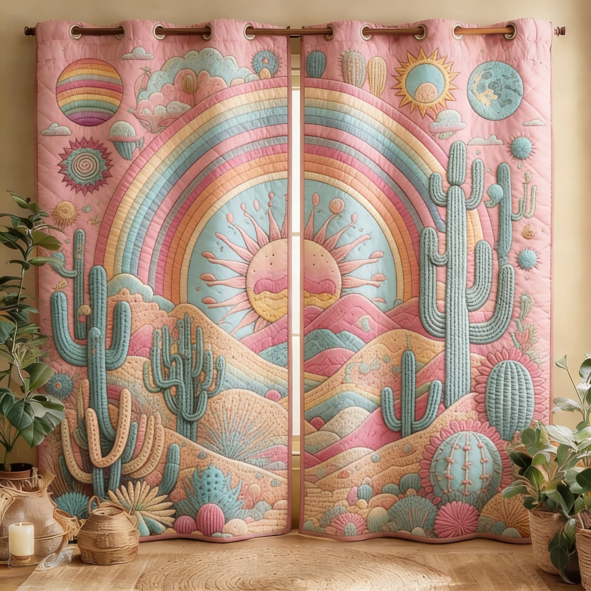 Pastel Rainbow & Desert Cactus Scene Embroidered Knitwear Quilted Curtains