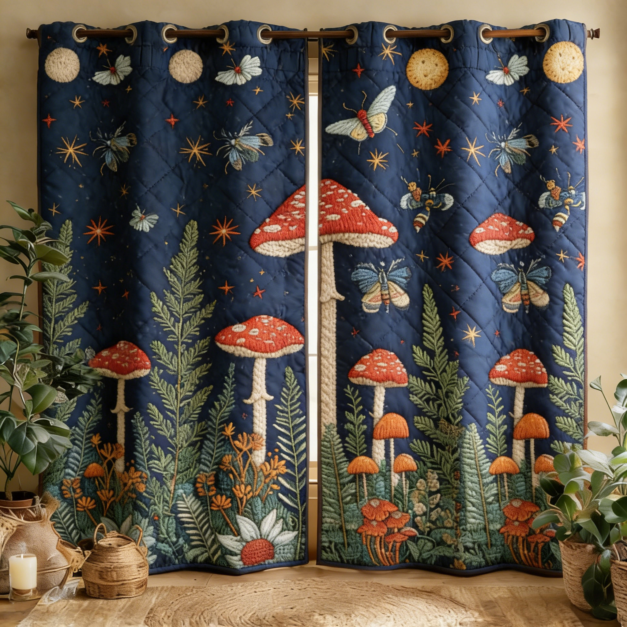 Whimsical Forest Mushrooms & Butterflies Embroidered Knitwear Quilted Curtains