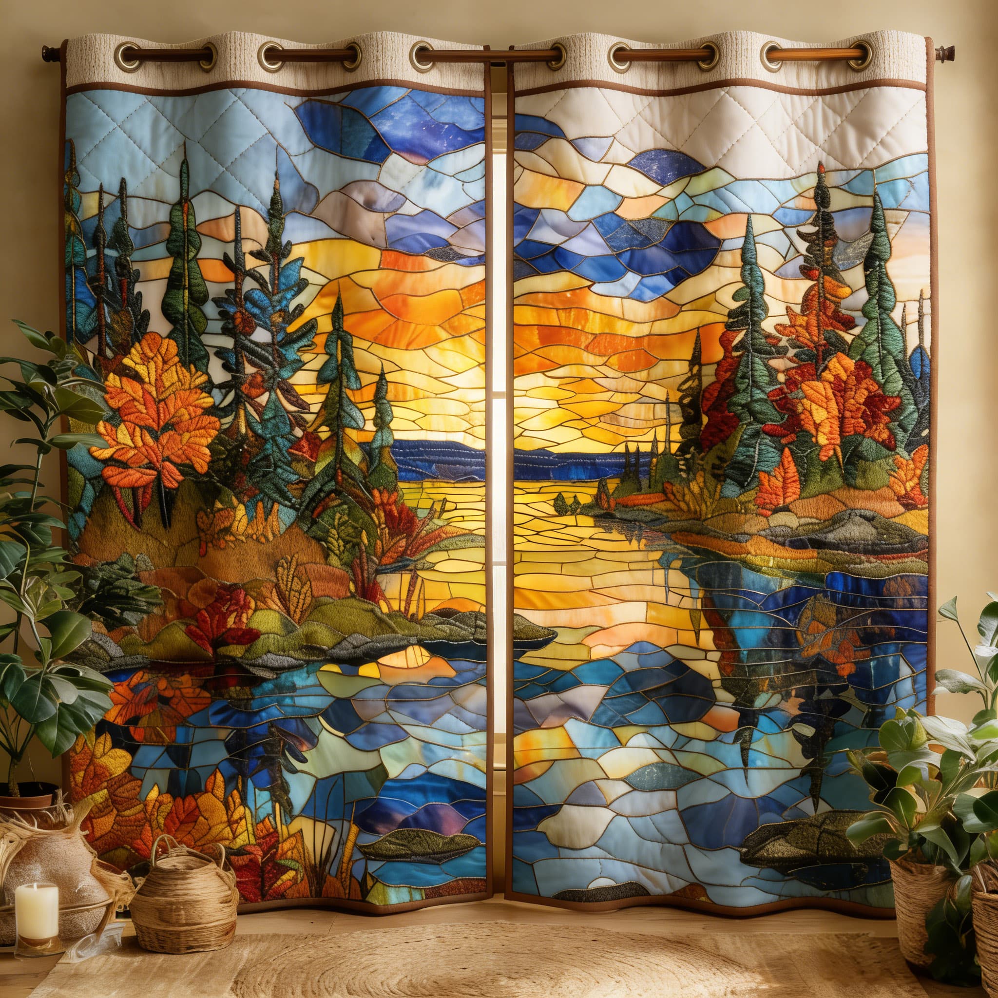 Stained Glass Mountain Lake Sunrise Embroidered Knitwear Quilted Curtains