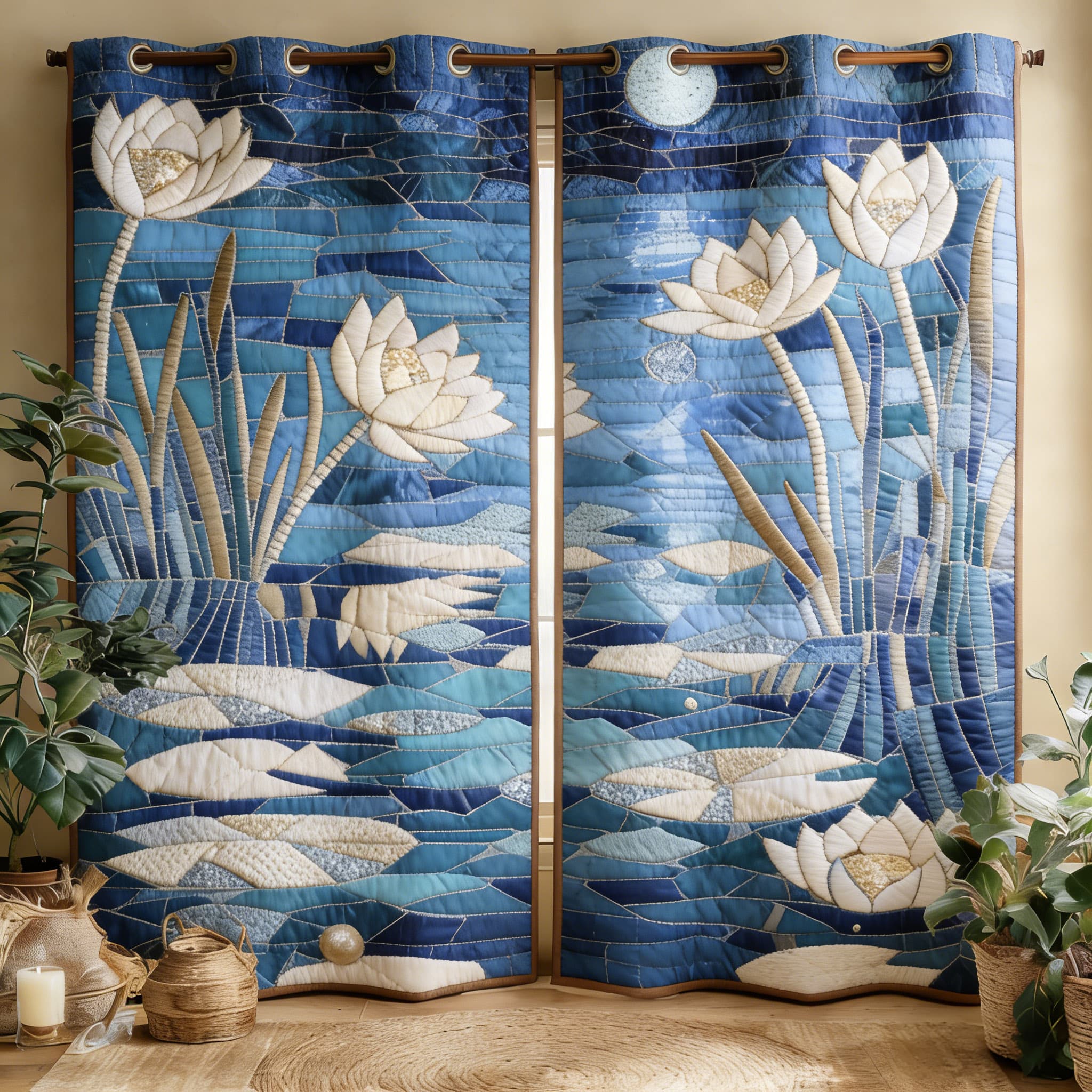 Blue Mosaic Moonlit Lotus Pond Embroidered Knitwear Quilted Curtains