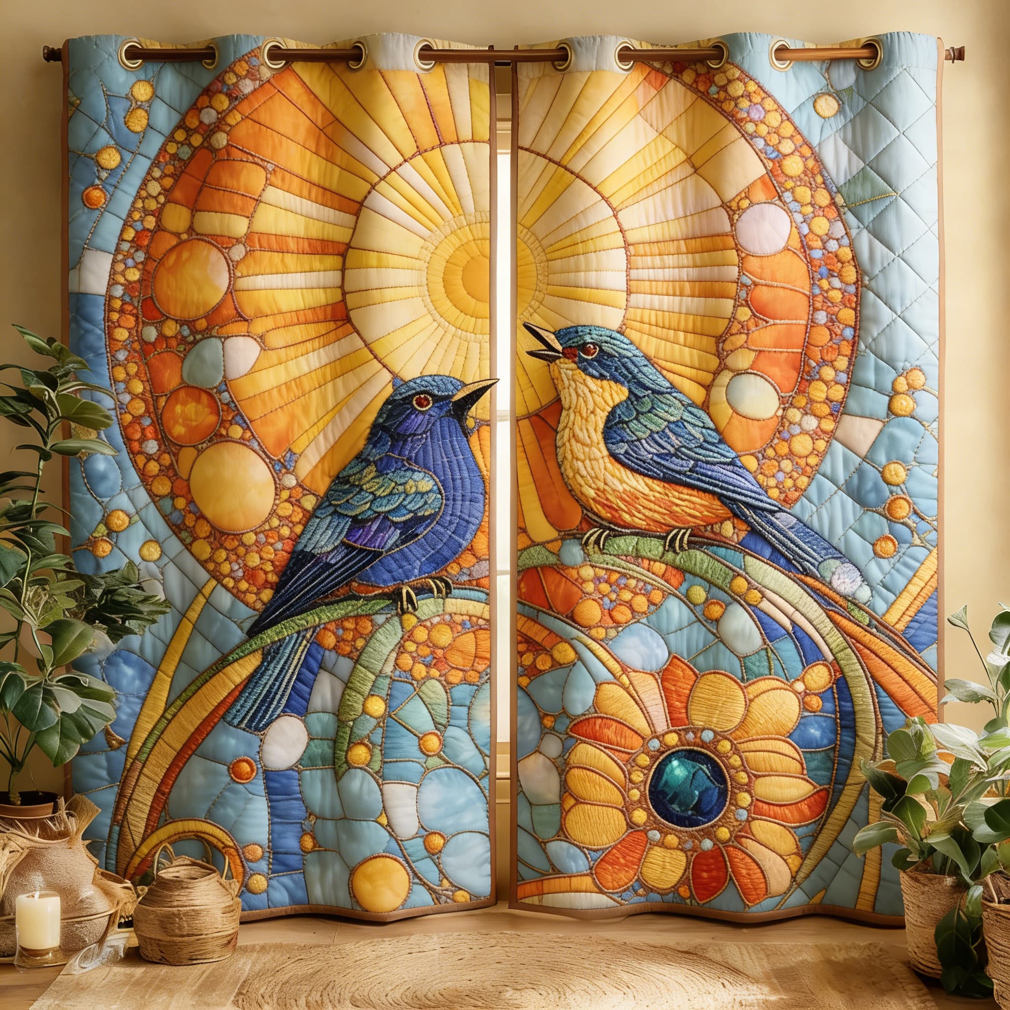 Art Nouveau Stained Glass Birds Embroidered Knitwear Quilted Curtains