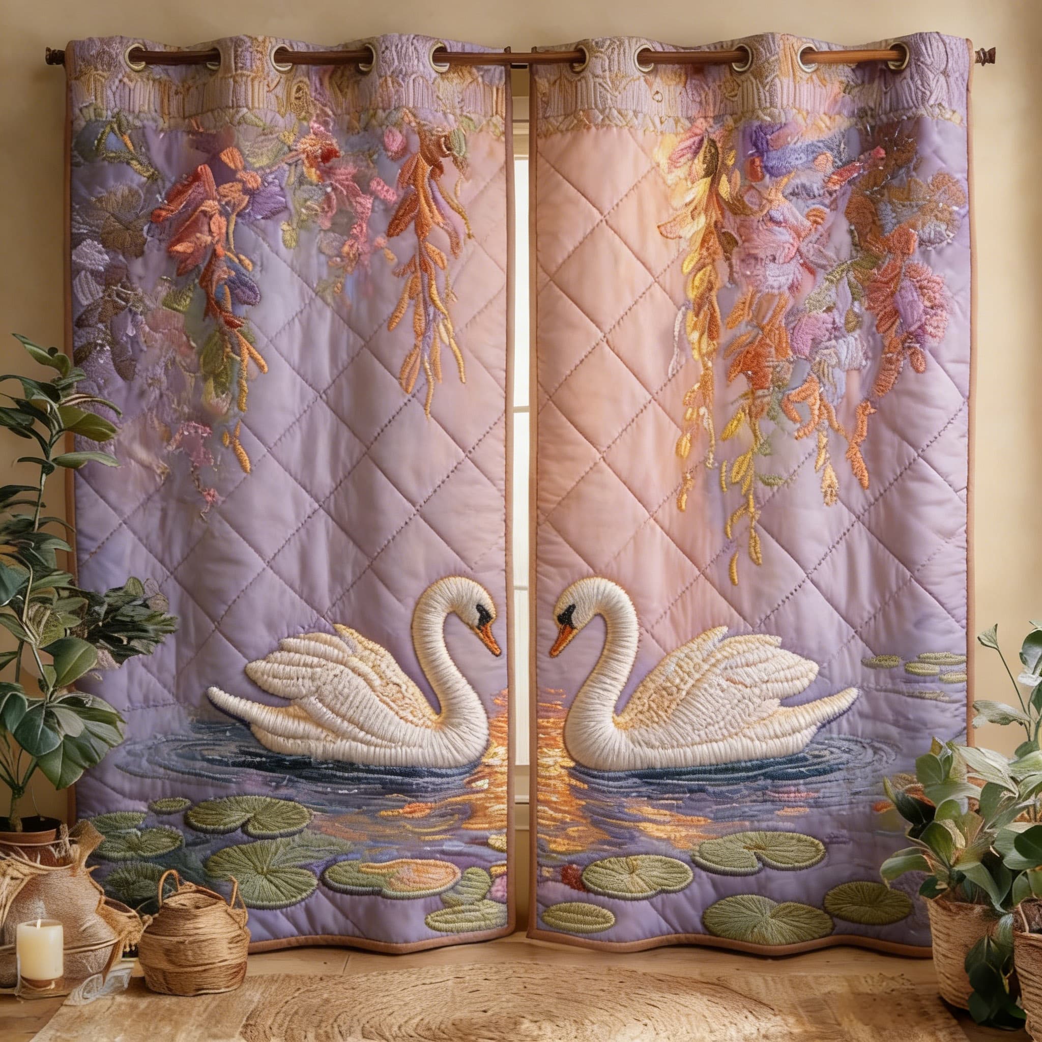 Elegant White Swans & Wisteria Pond Embroidered Knitwear Quilted Curtains