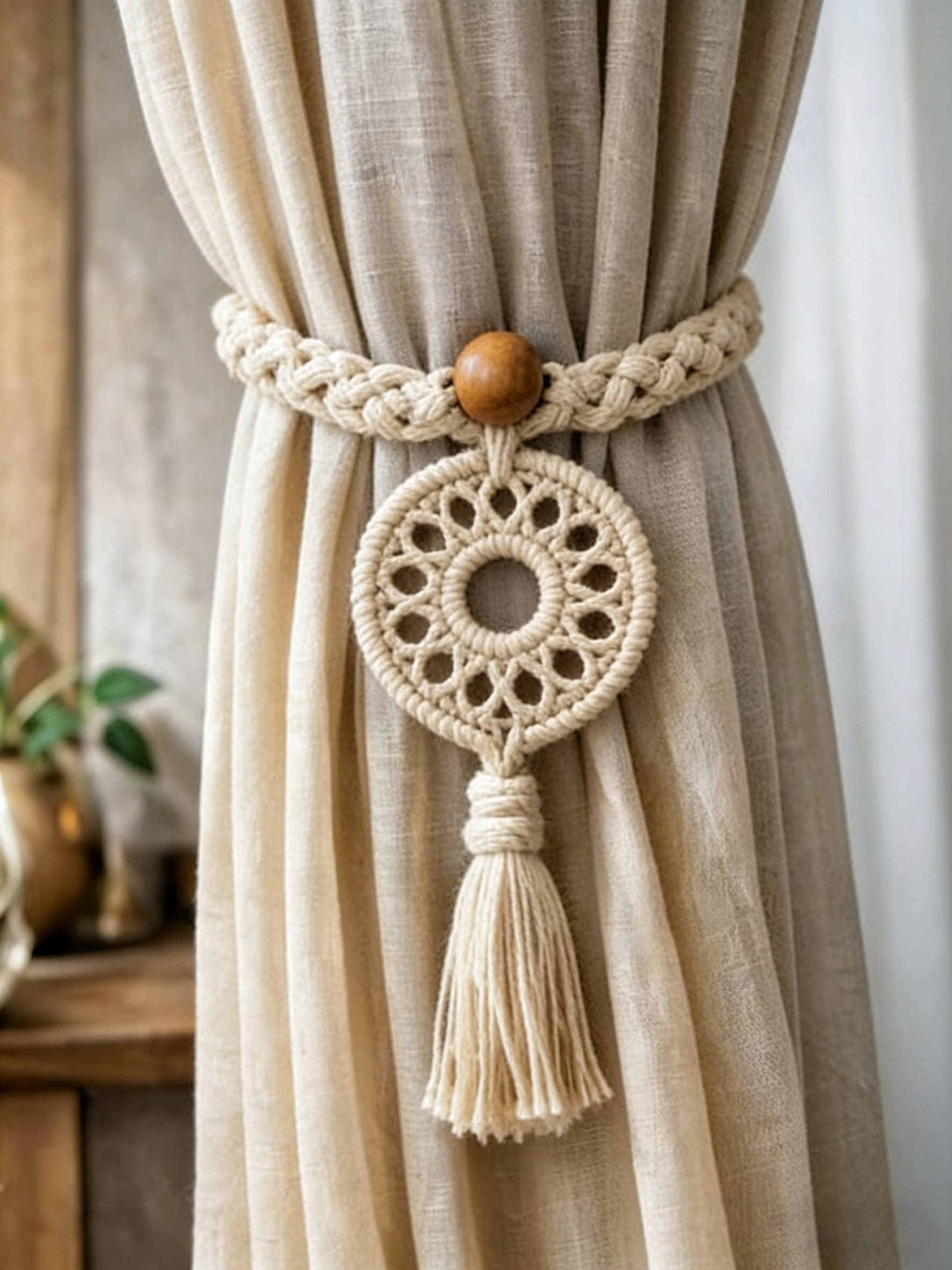 Circular Macrame Curtain Tieback with Wooden Bead