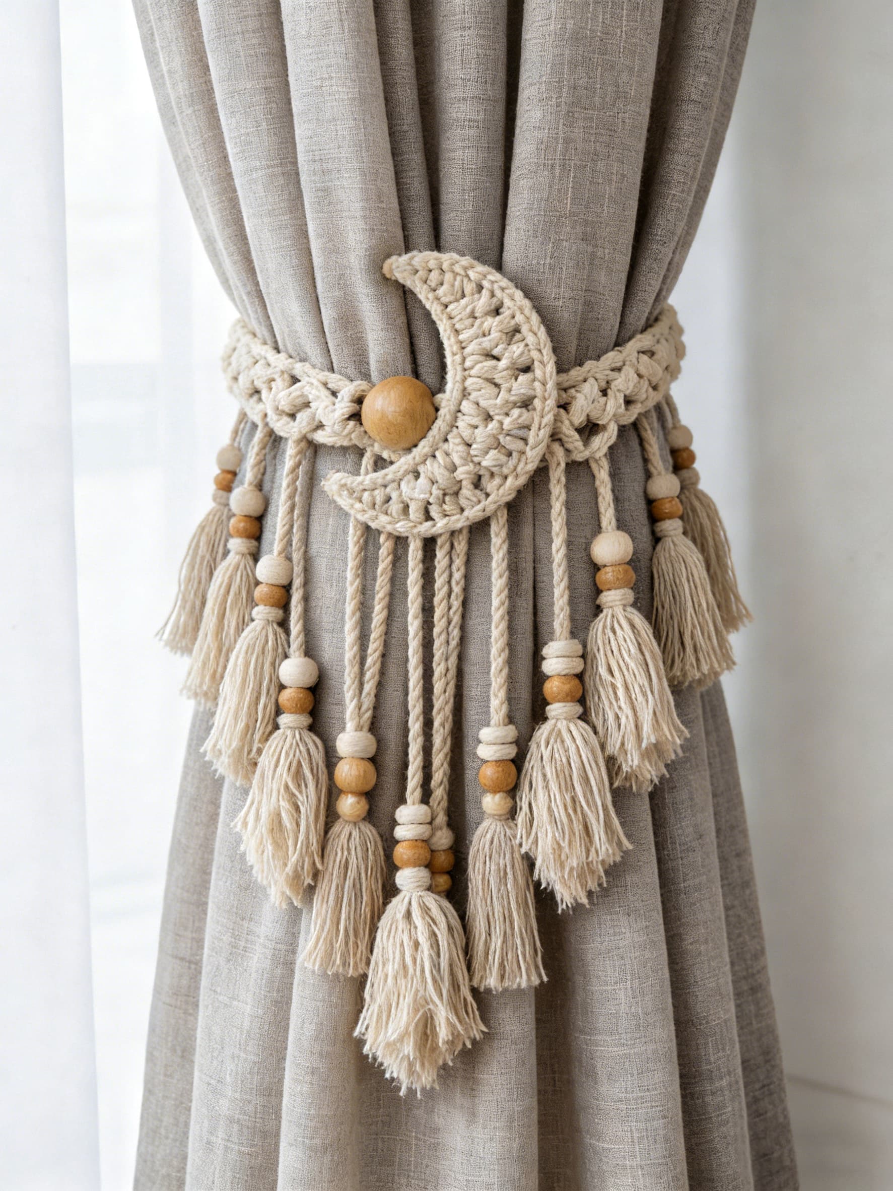 Moon Phase Macrame Curtain Tieback with Tassels & Wooden Beads