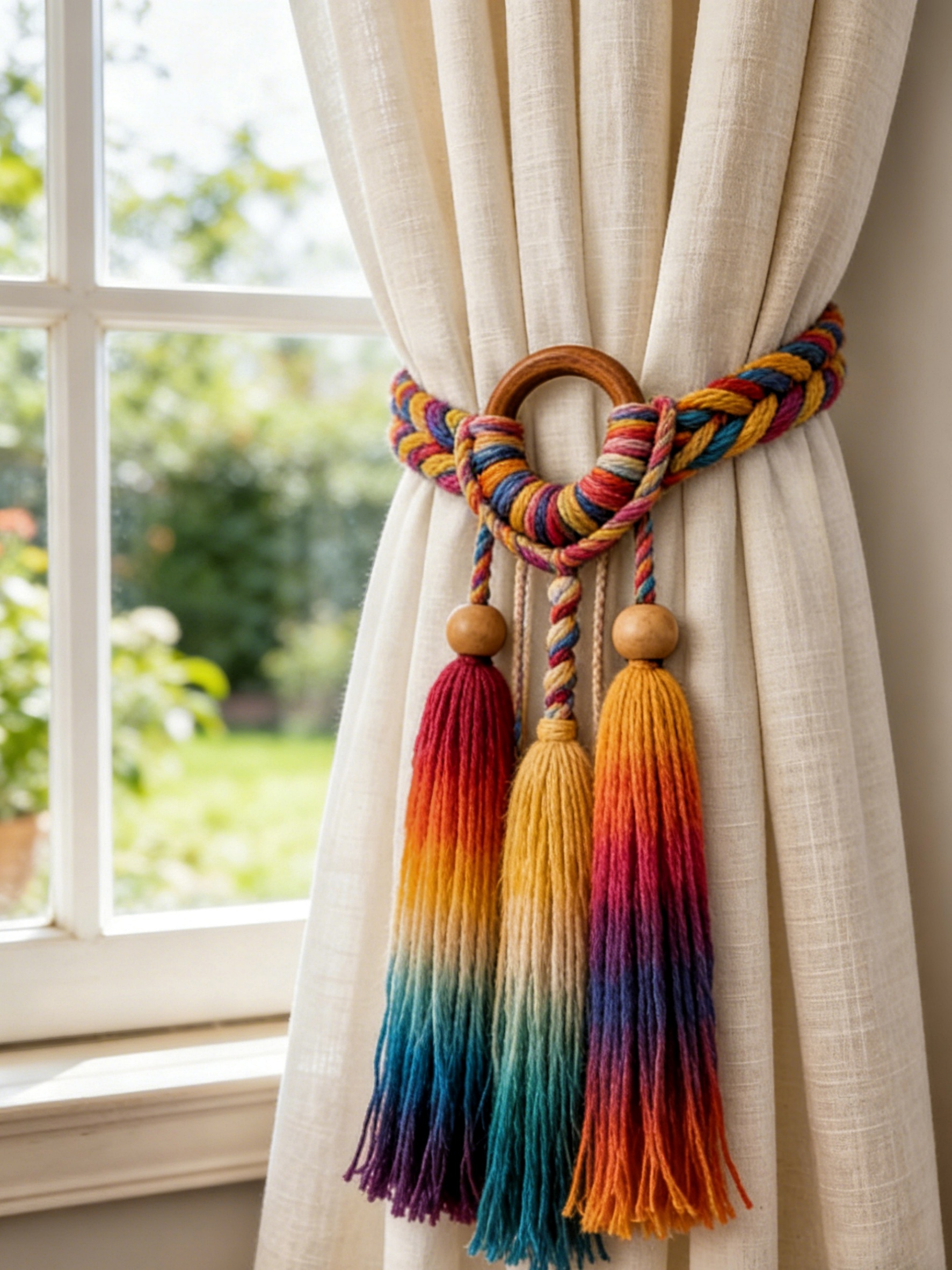 Rainbow Gradient Macrame Curtain Tieback with Wooden Ring