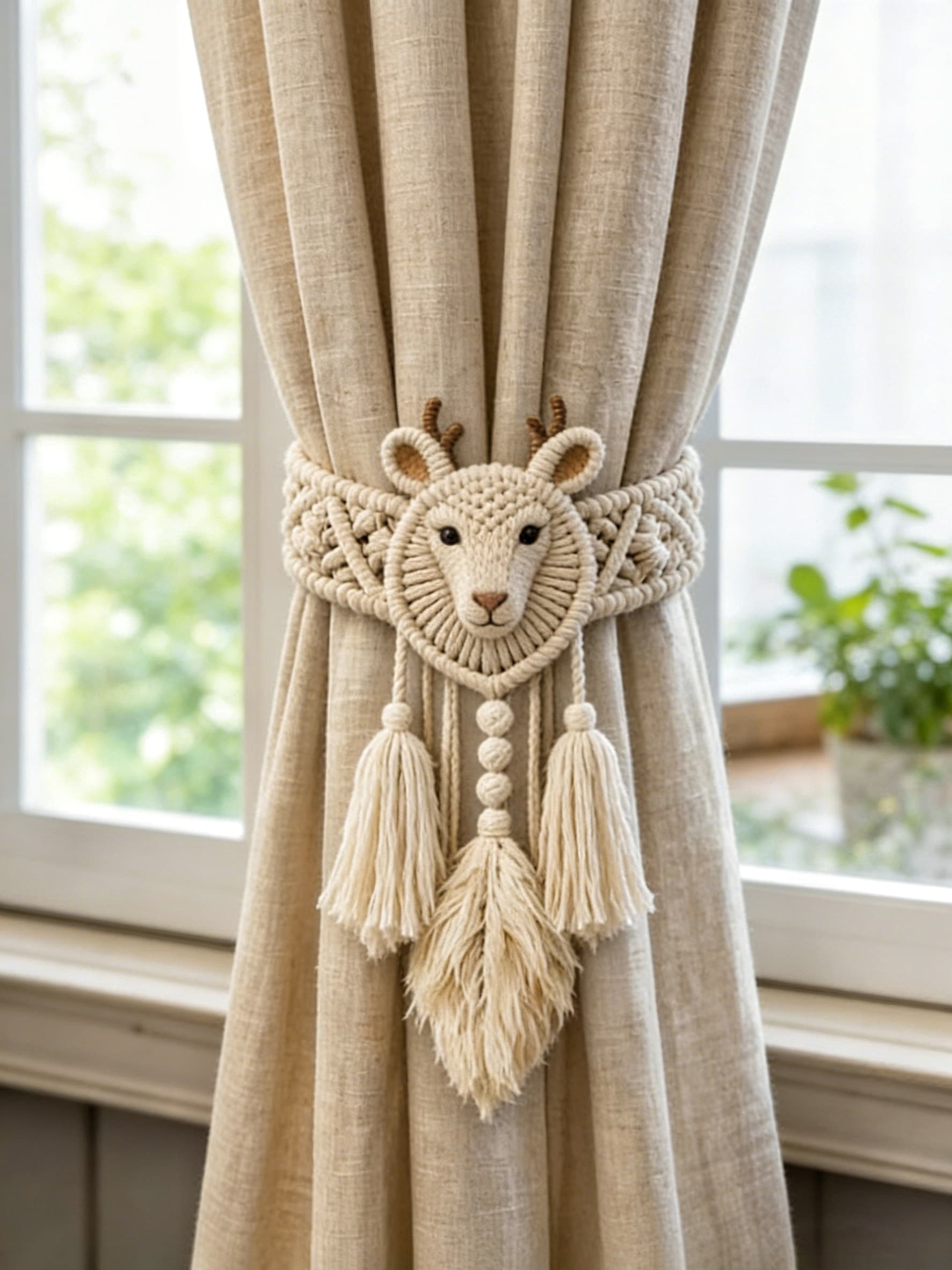 Deer Head Macrame Curtain Tieback with Leaf Tassel