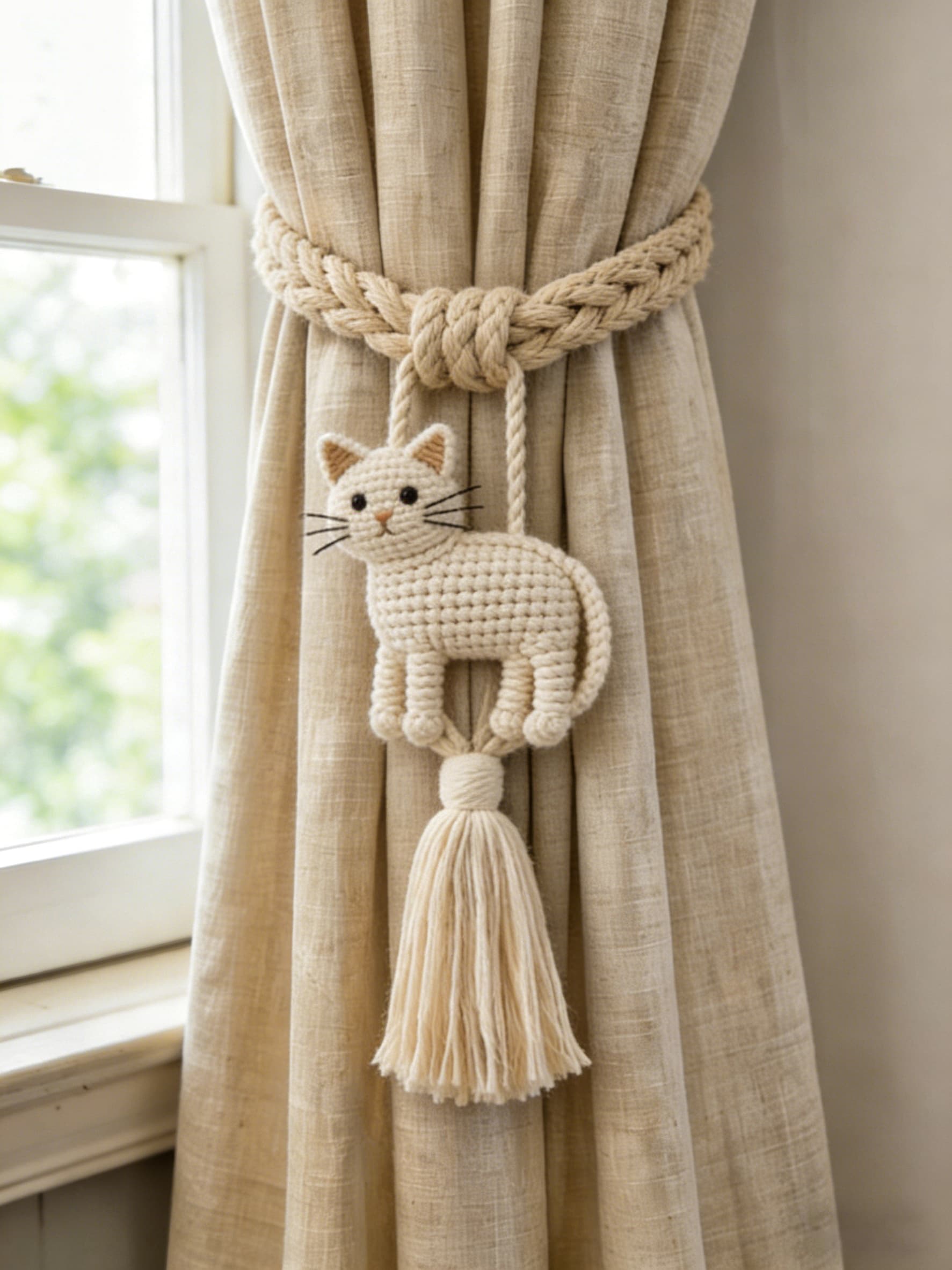 Playful Kitten Whisker Cotton Macrame Curtain Tieback