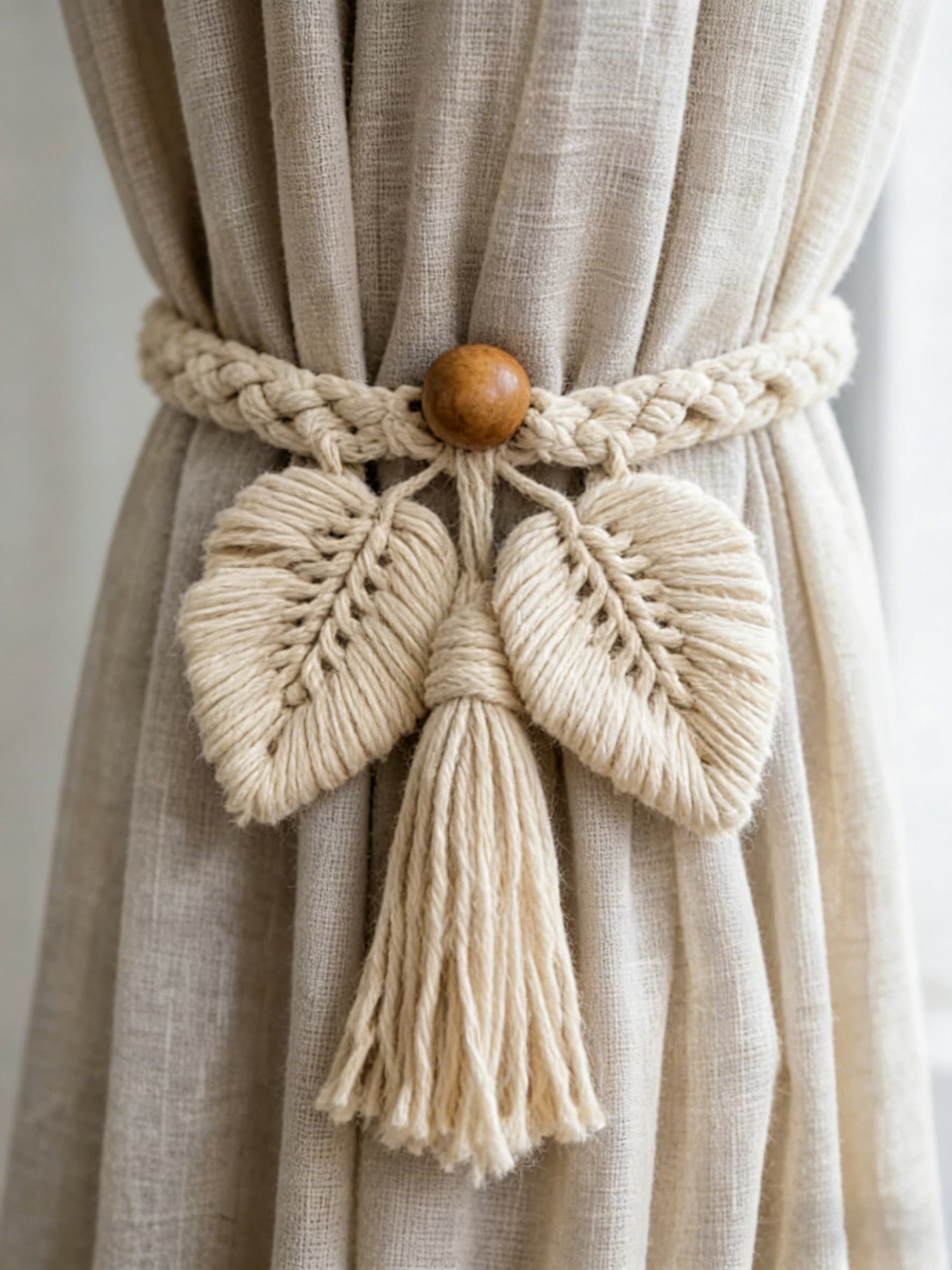 Double Leaf Macrame Curtain Tieback with Wooden Bead